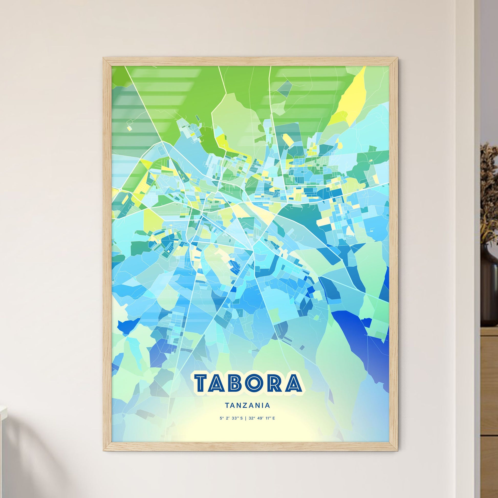 Colorful TABORA TANZANIA Fine Art Map Cool Blue