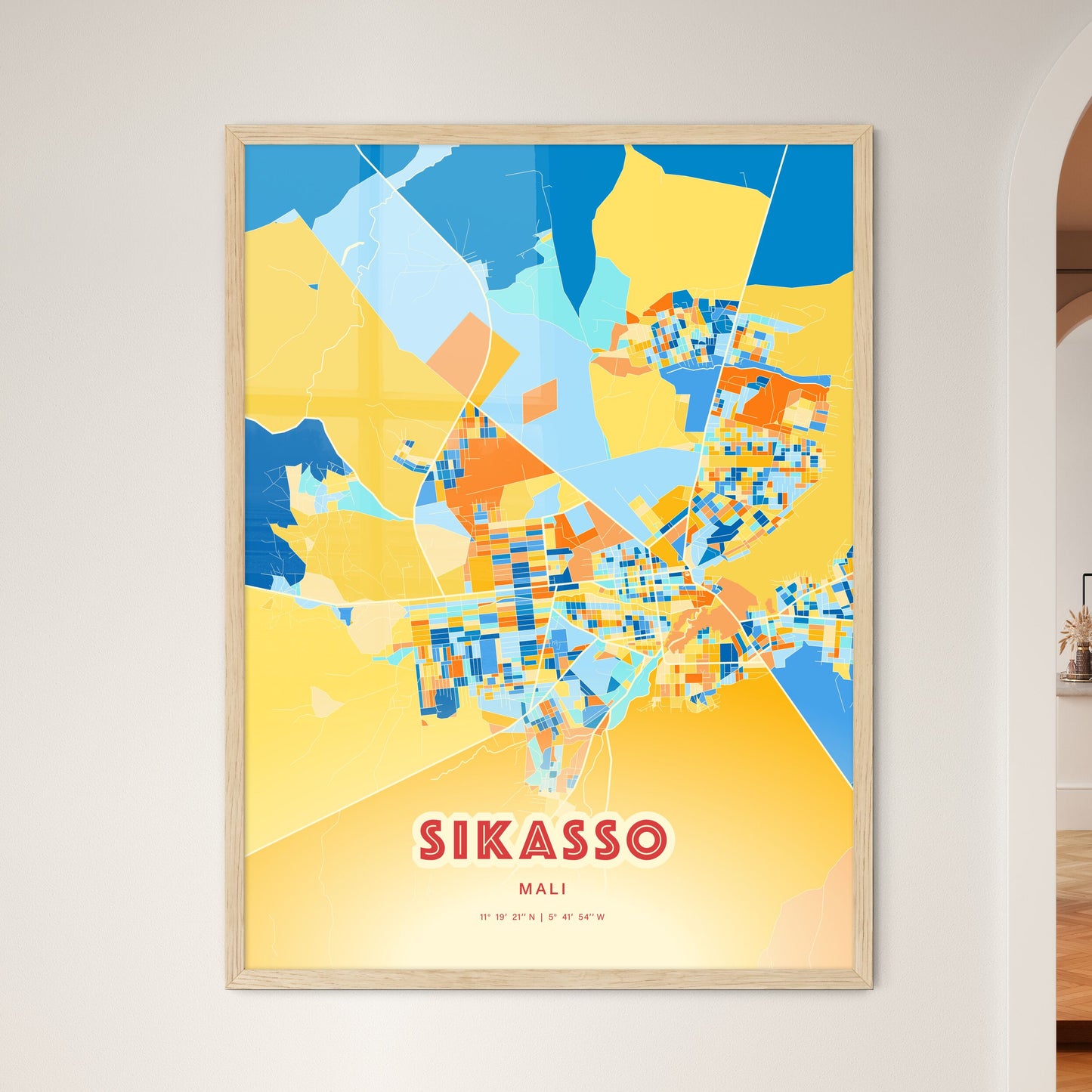 Colorful SIKASSO MALI Fine Art Map Blue Orange