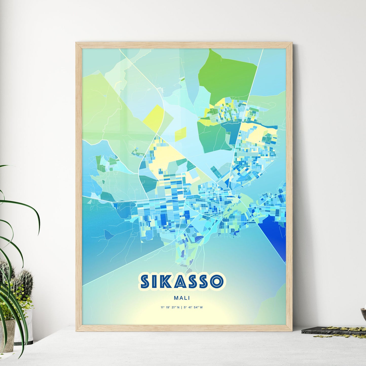 Colorful SIKASSO MALI Fine Art Map Cool Blue