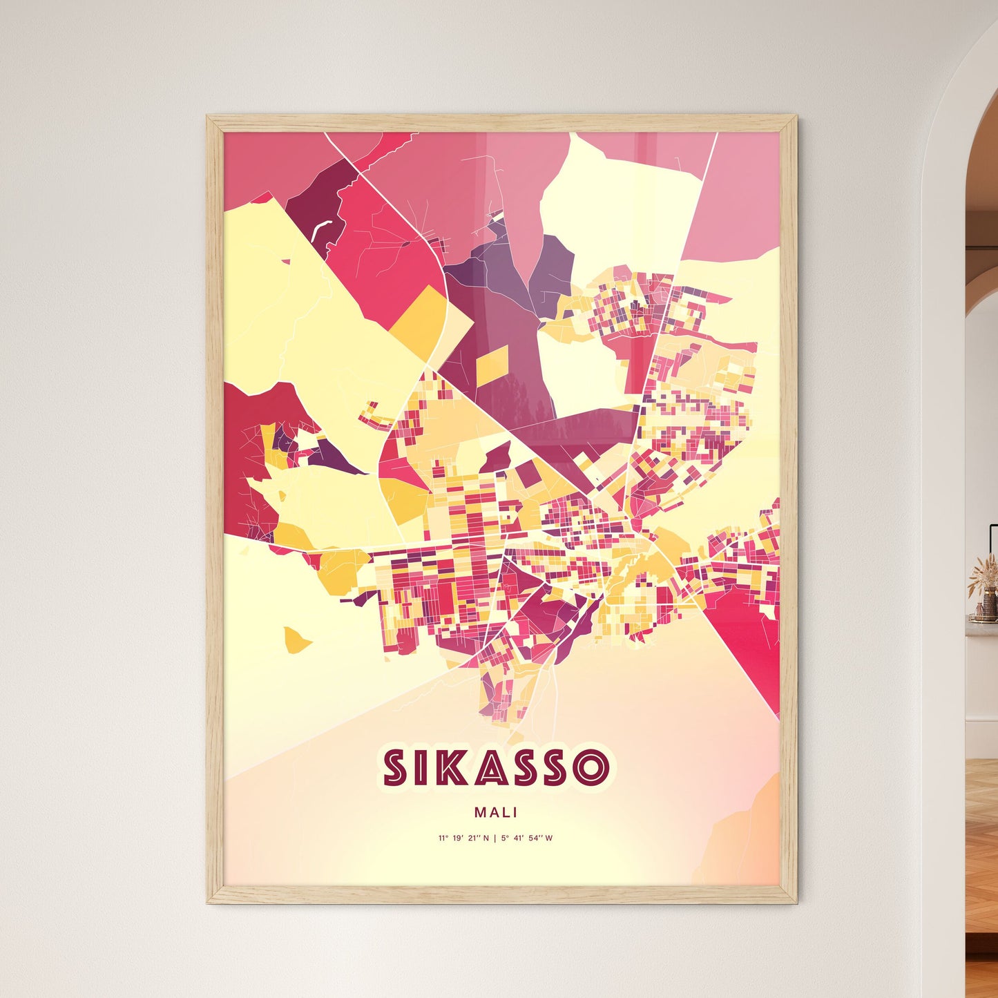 Colorful SIKASSO MALI Fine Art Map Hot Red