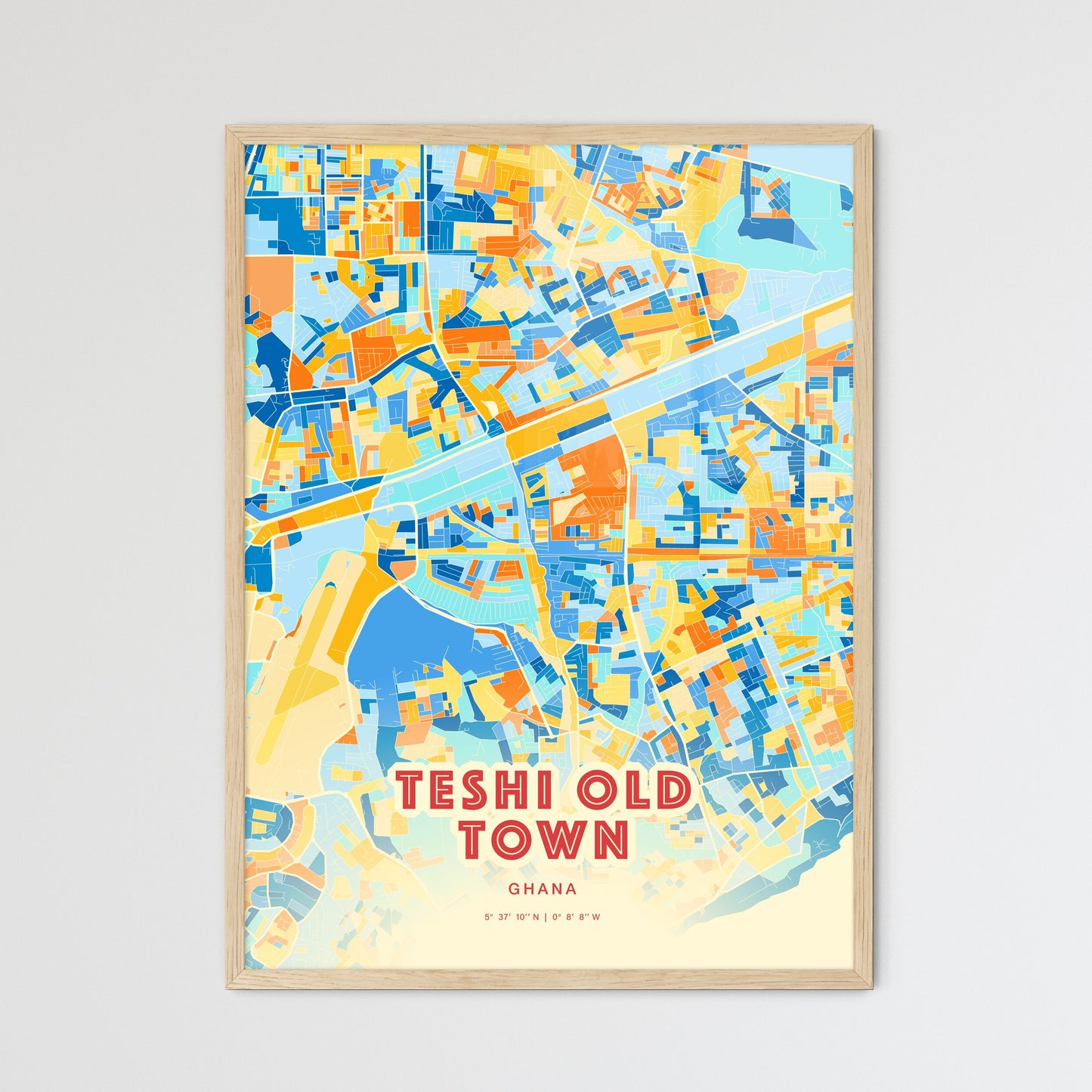 Colorful TESHI OLD TOWN GHANA Fine Art Map Blue Orange