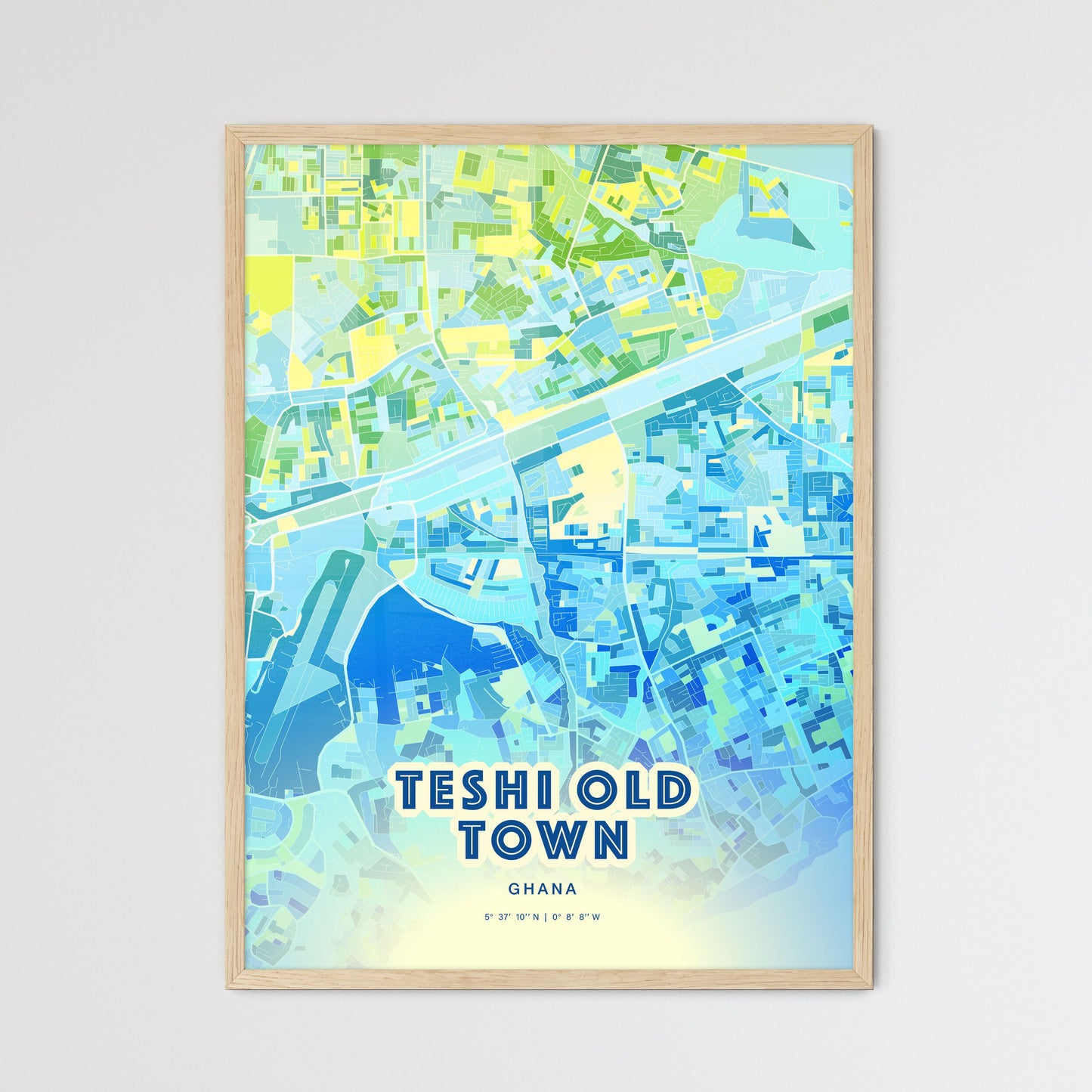 Colorful TESHI OLD TOWN GHANA Fine Art Map Cool Blue