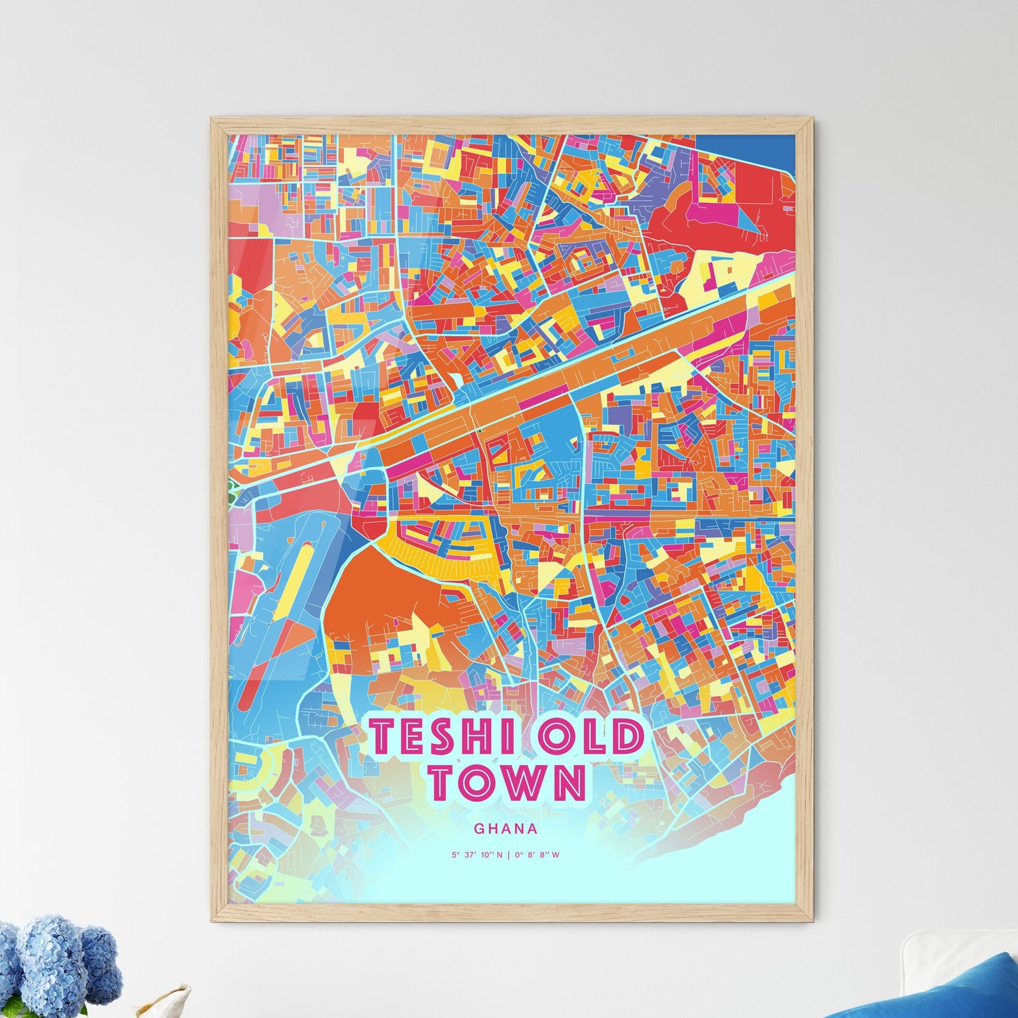 Colorful TESHI OLD TOWN GHANA Fine Art Map Crazy Colors
