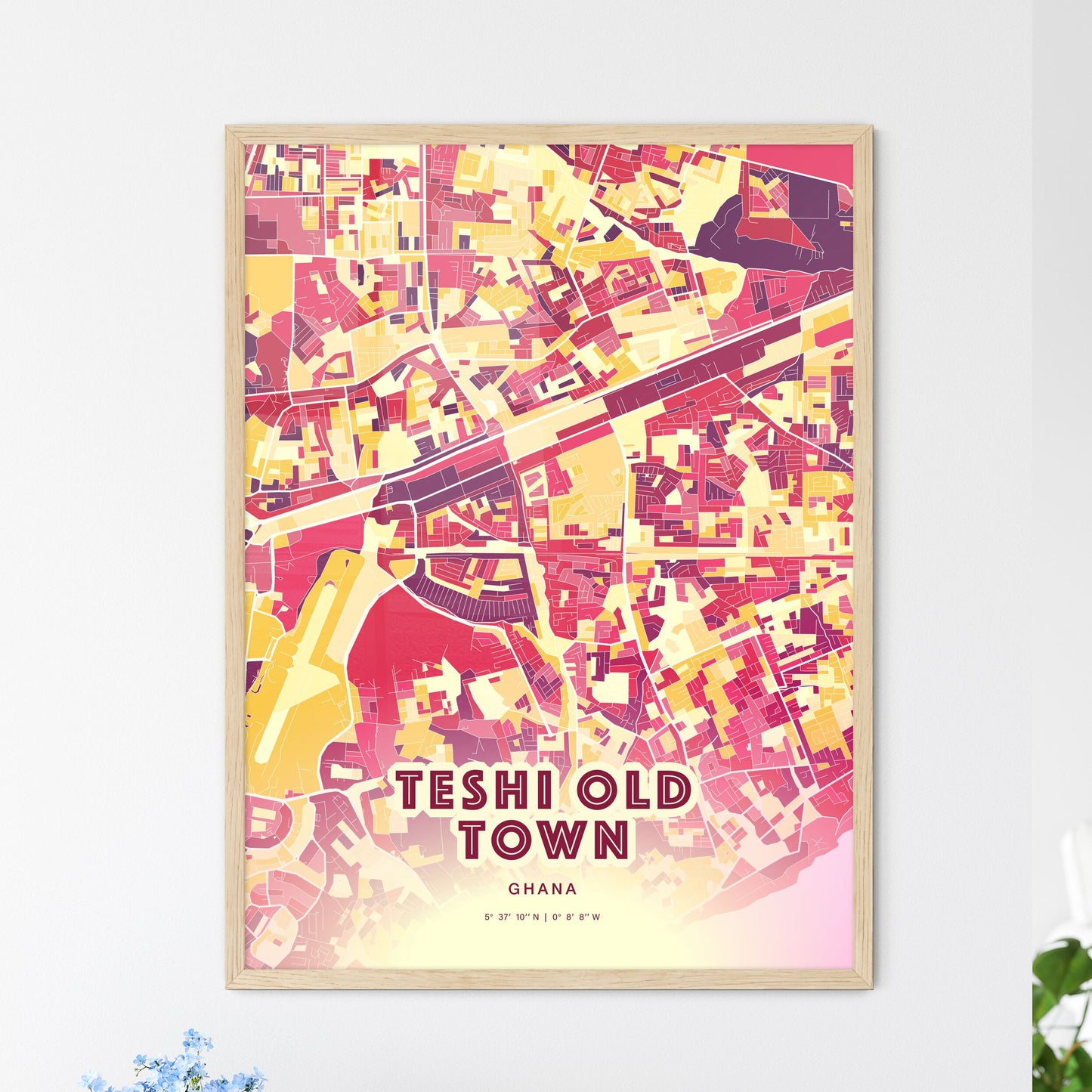 Colorful TESHI OLD TOWN GHANA Fine Art Map Hot Red