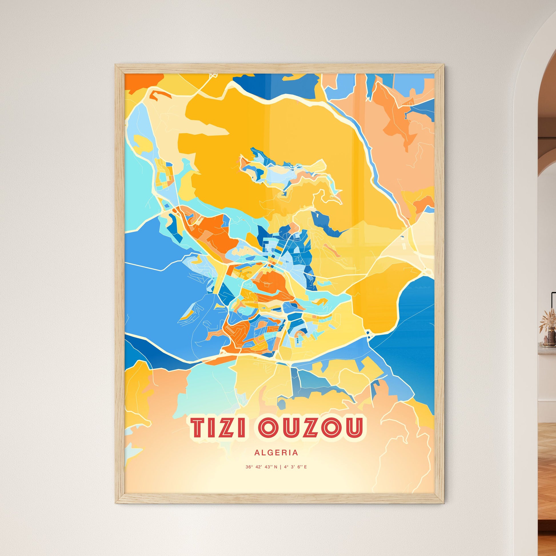 Colorful TIZI OUZOU ALGERIA Fine Art Map Blue Orange