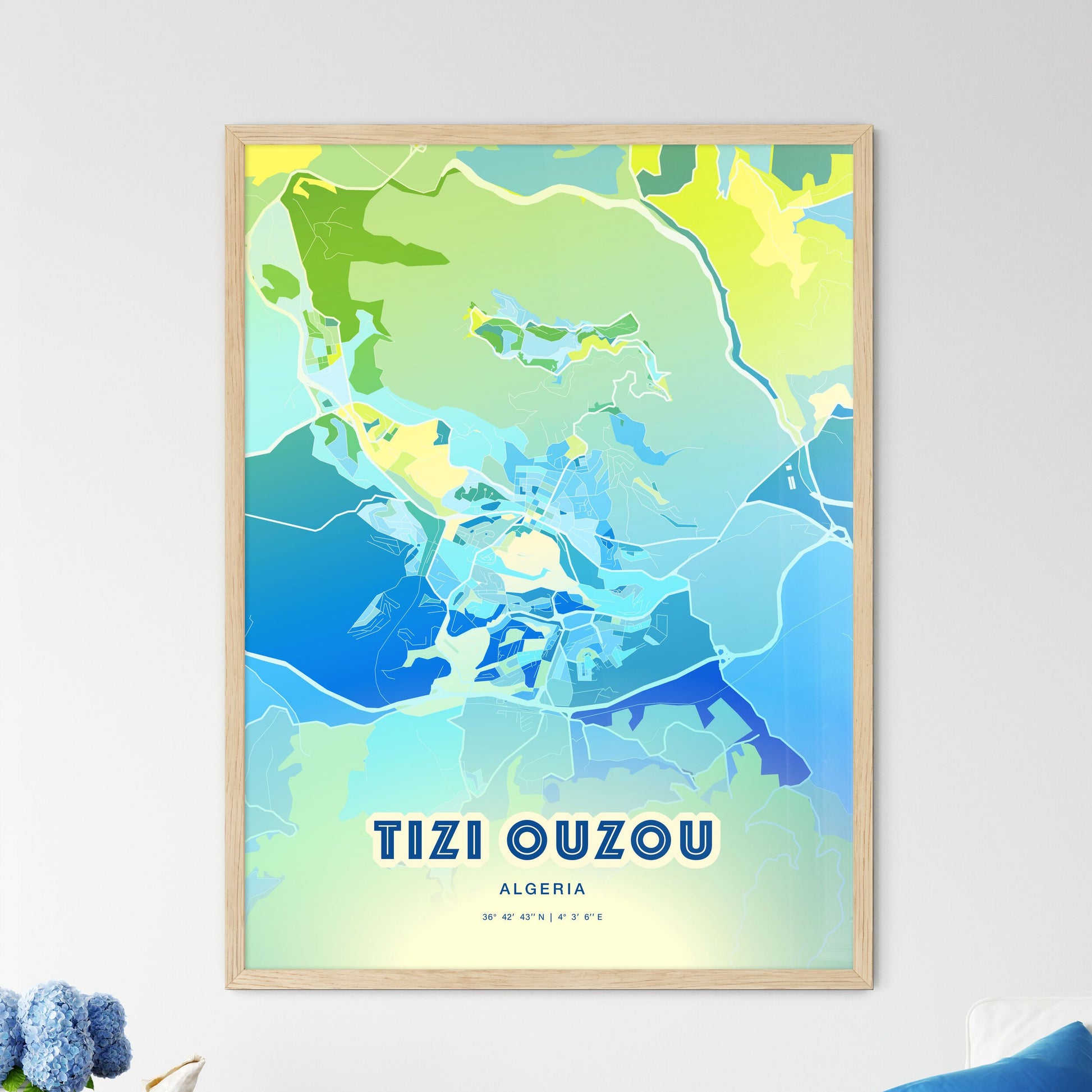 Colorful TIZI OUZOU ALGERIA Fine Art Map Cool Blue