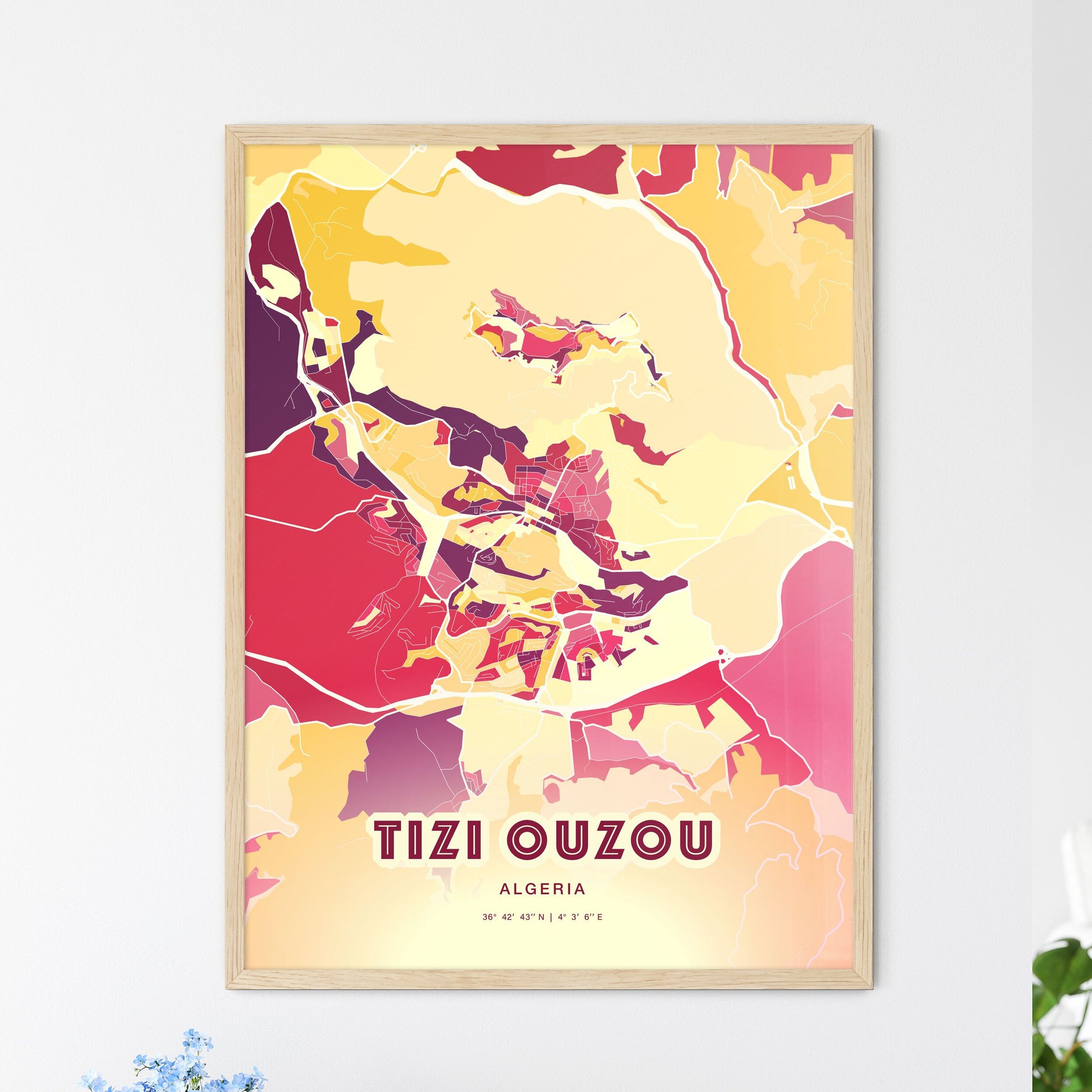 Colorful TIZI OUZOU ALGERIA Fine Art Map Hot Red