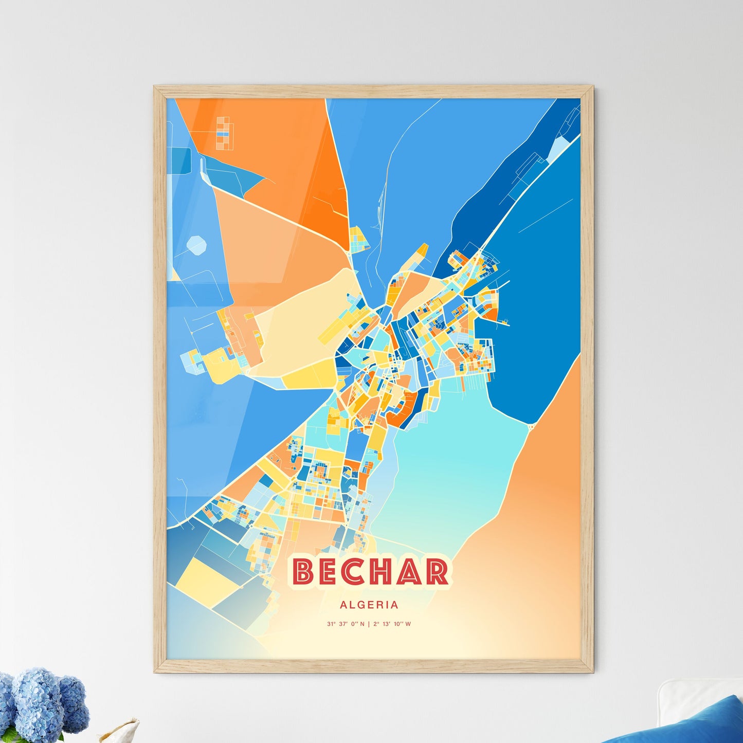 Colorful BECHAR ALGERIA Fine Art Map Blue Orange