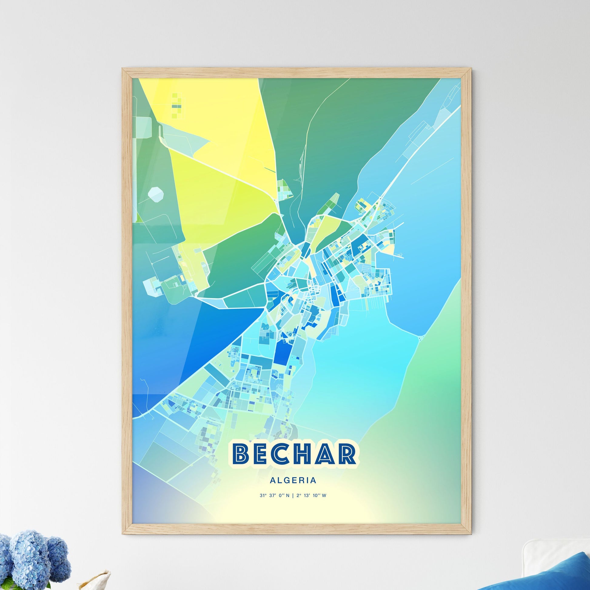 Colorful BECHAR ALGERIA Fine Art Map Cool Blue