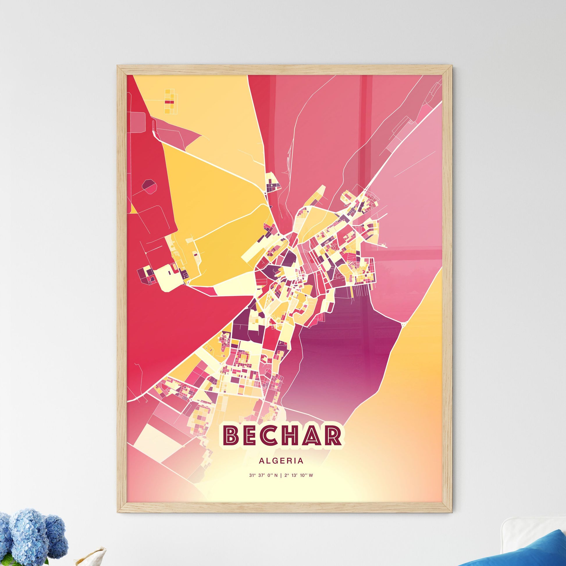 Colorful BECHAR ALGERIA Fine Art Map Hot Red