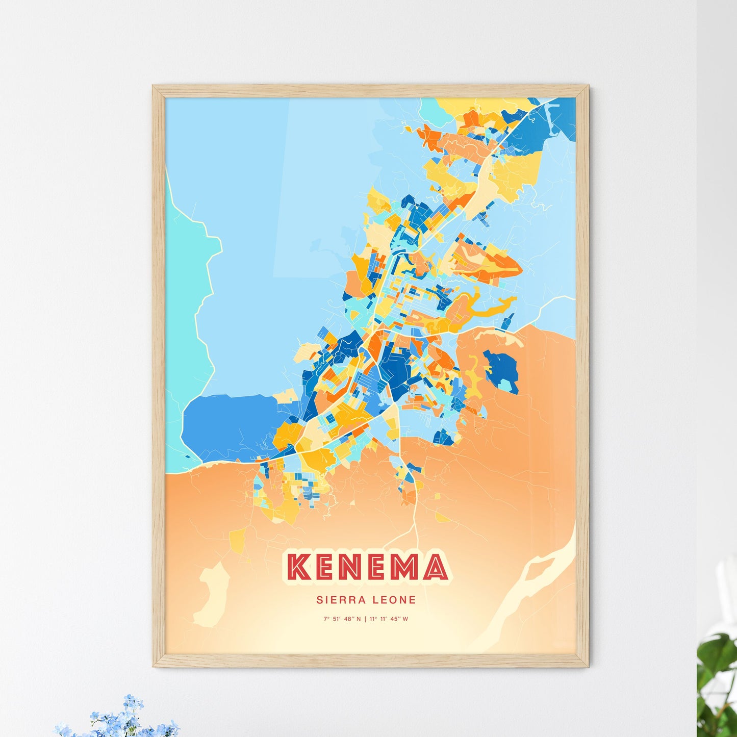 Colorful KENEMA SIERRA LEONE Fine Art Map Blue Orange