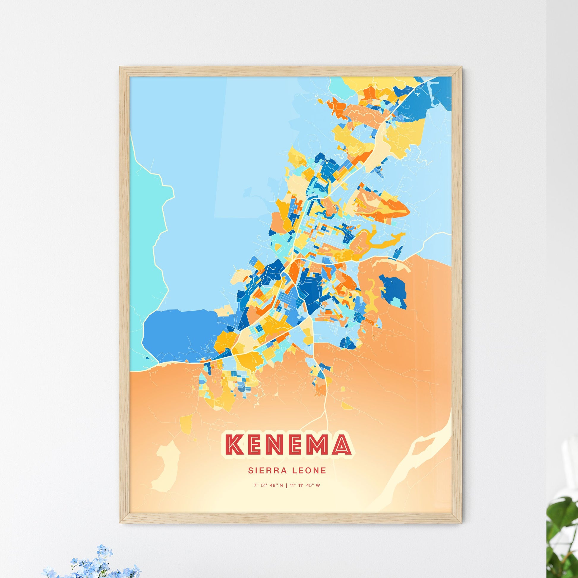 Colorful KENEMA SIERRA LEONE Fine Art Map Blue Orange