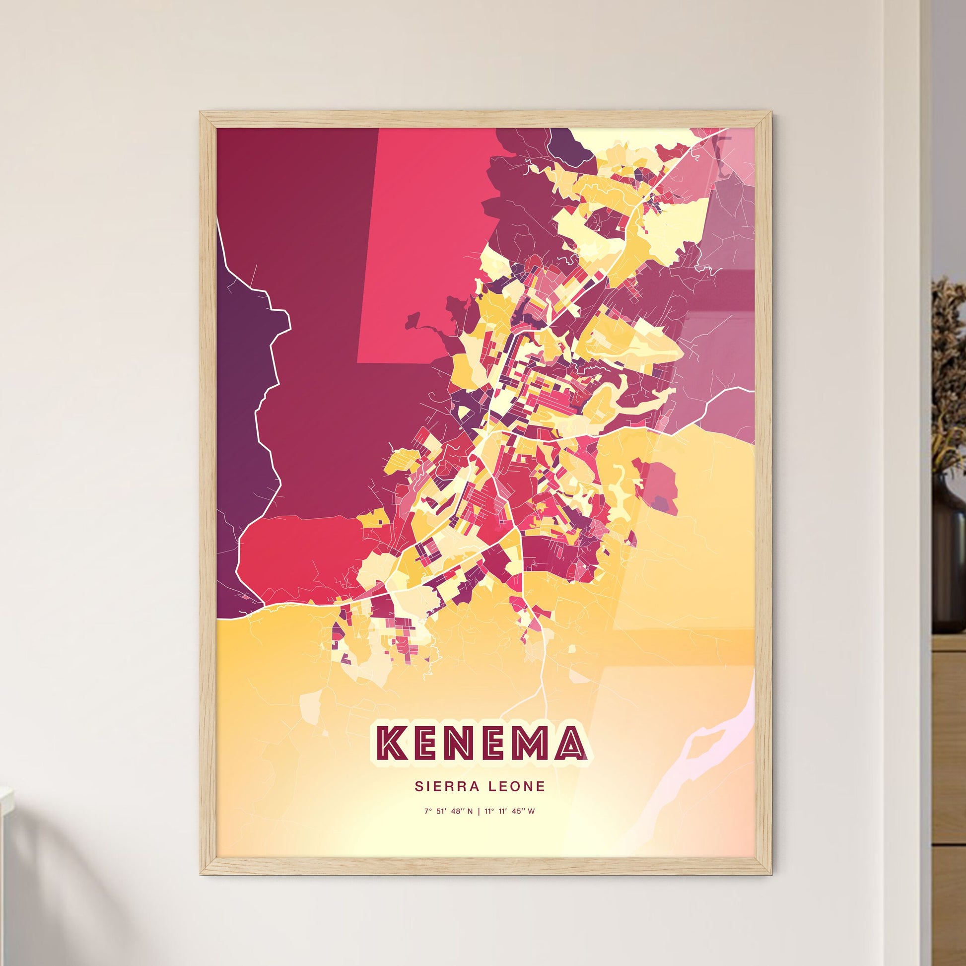 Colorful KENEMA SIERRA LEONE Fine Art Map Hot Red