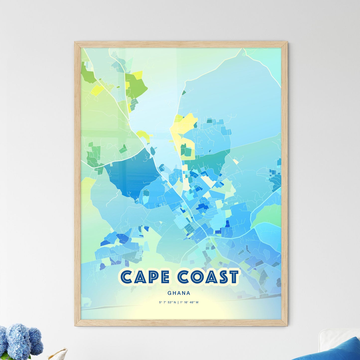 Colorful CAPE COAST GHANA Fine Art Map Cool Blue