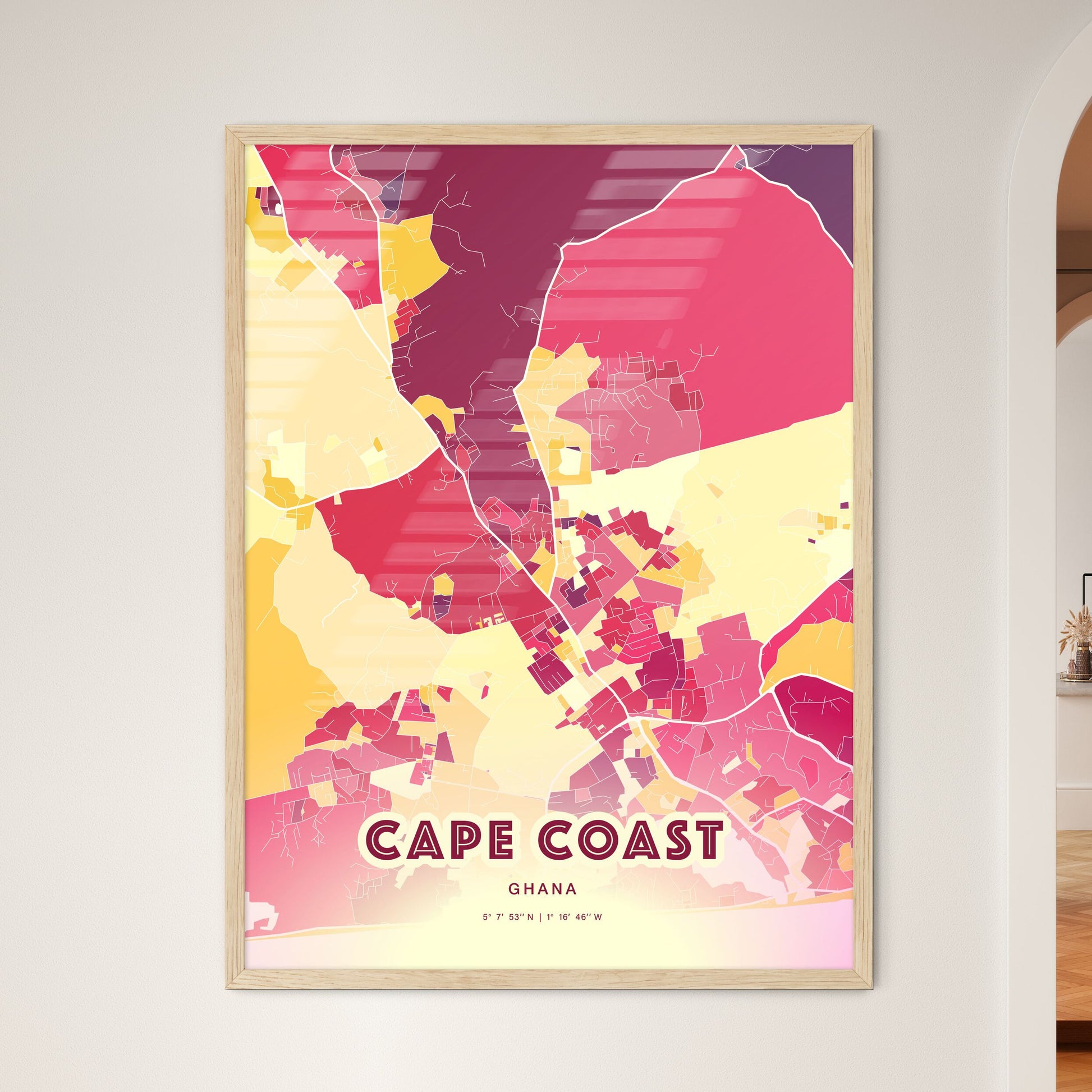 Colorful CAPE COAST GHANA Fine Art Map Hot Red