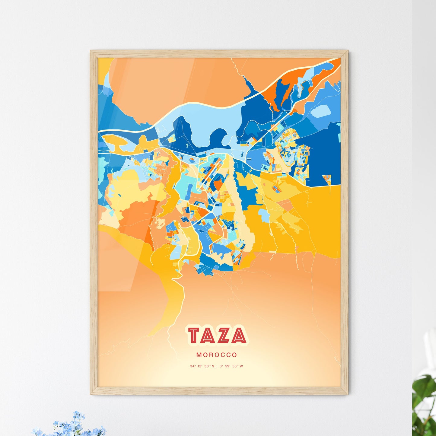 Colorful TAZA MOROCCO Fine Art Map Blue Orange