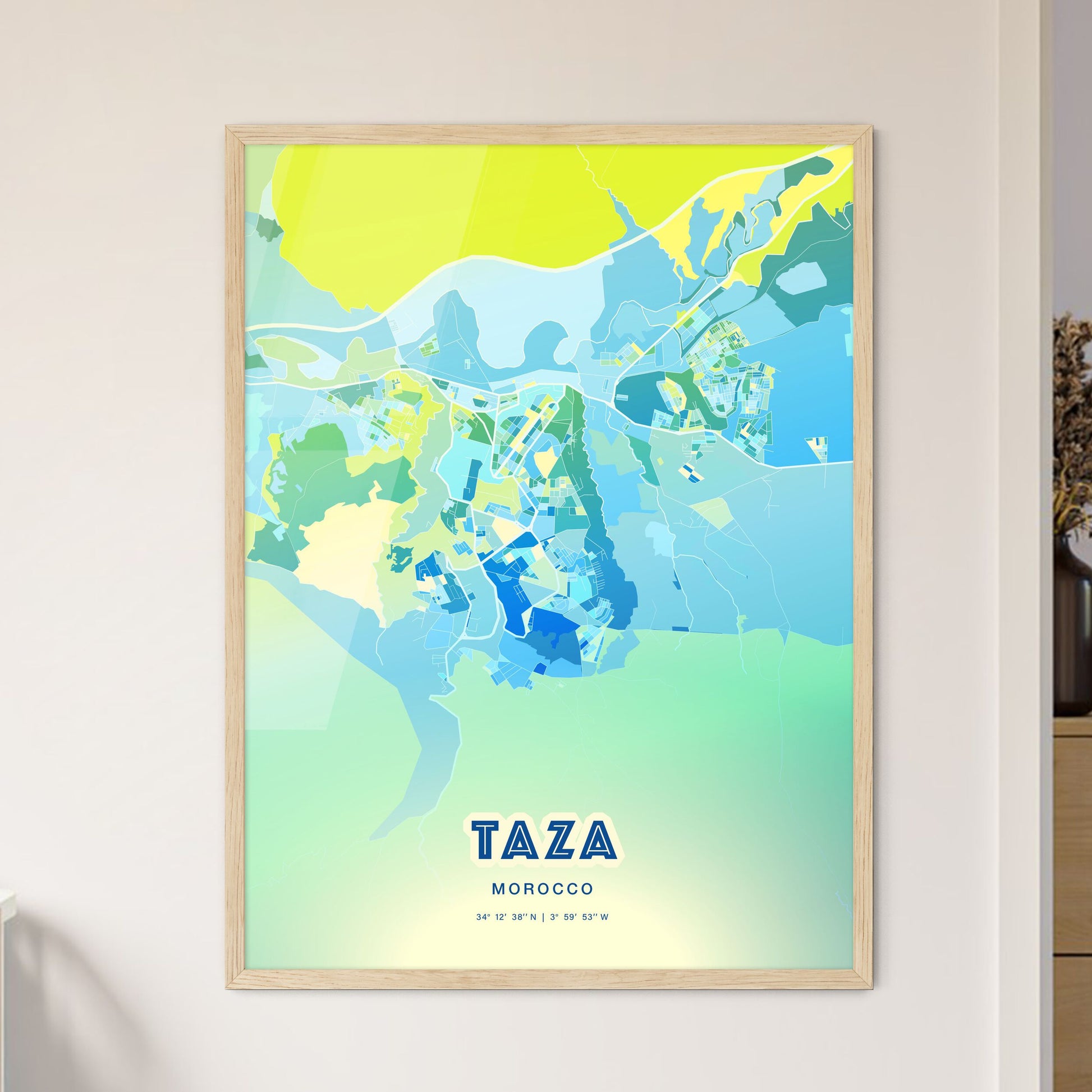 Colorful TAZA MOROCCO Fine Art Map Cool Blue