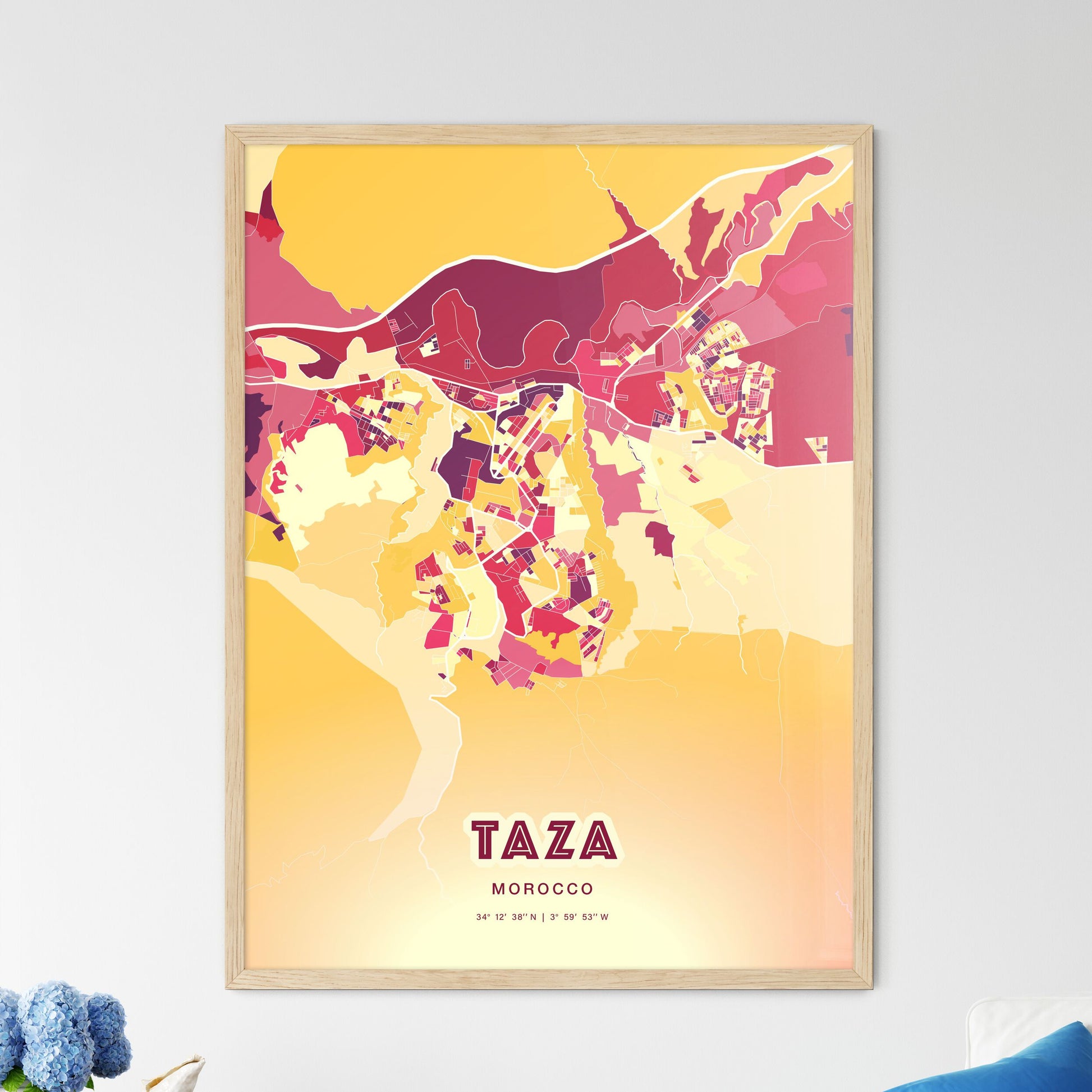 Colorful TAZA MOROCCO Fine Art Map Hot Red