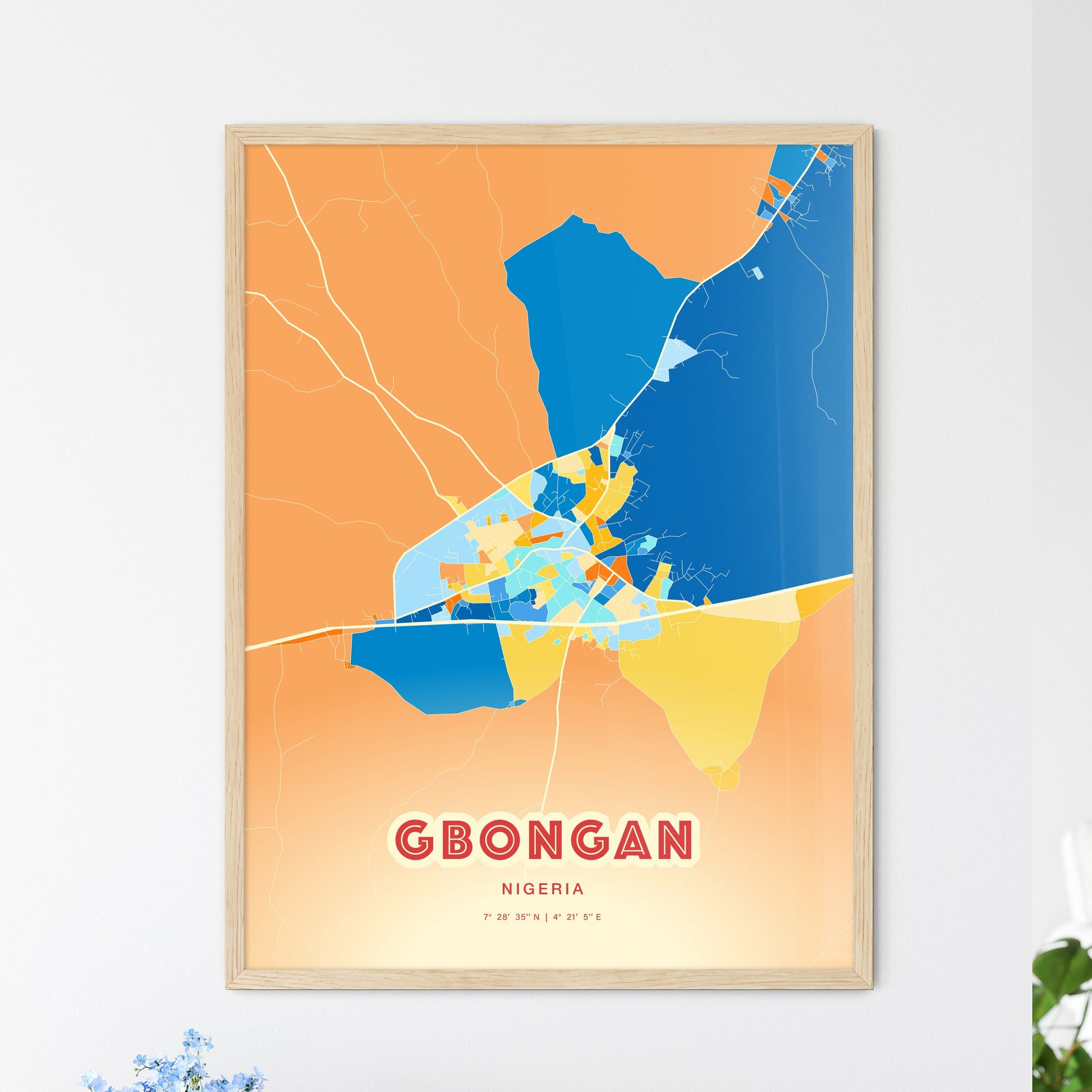 Colorful GBONGAN NIGERIA Fine Art Map Blue Orange