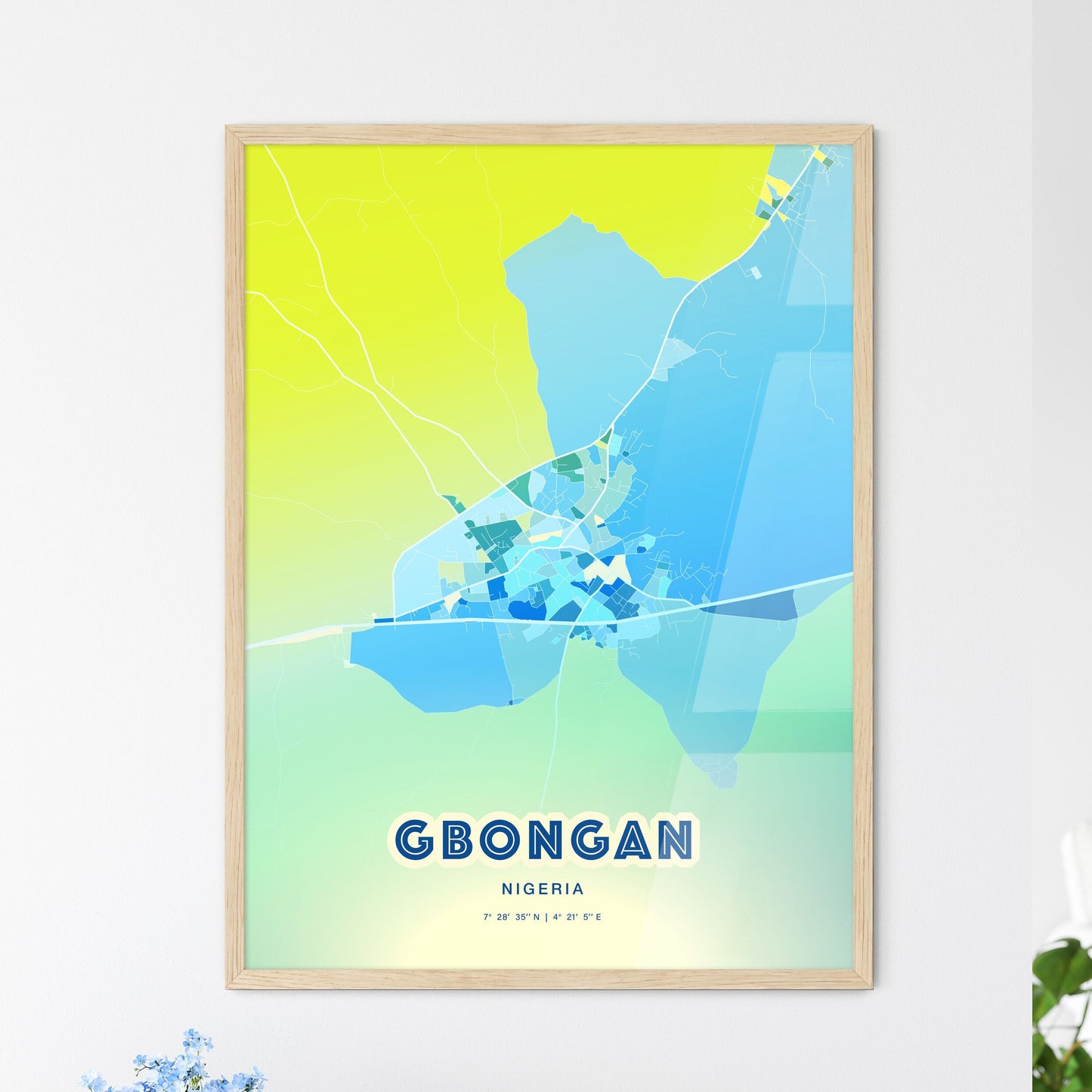 Colorful GBONGAN NIGERIA Fine Art Map Cool Blue