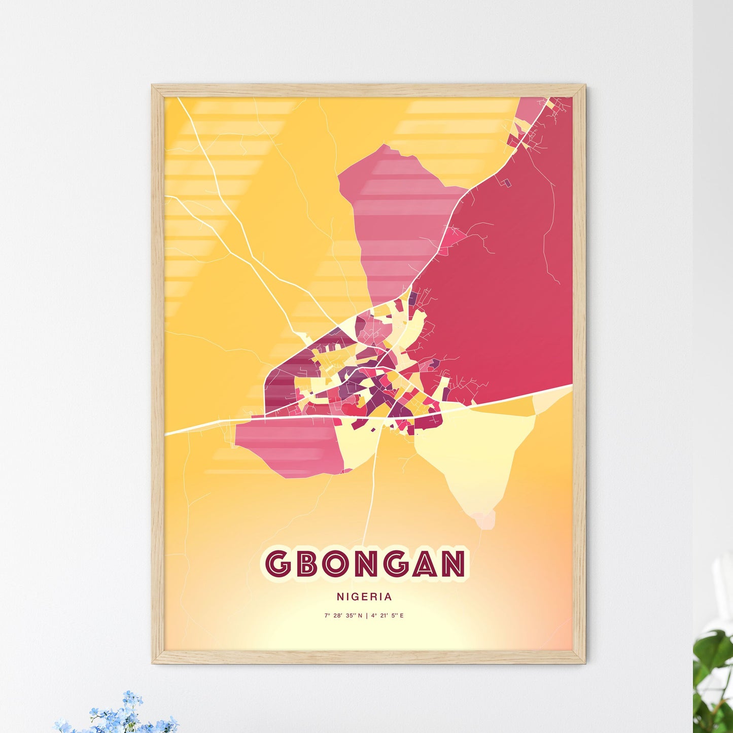 Colorful GBONGAN NIGERIA Fine Art Map Hot Red