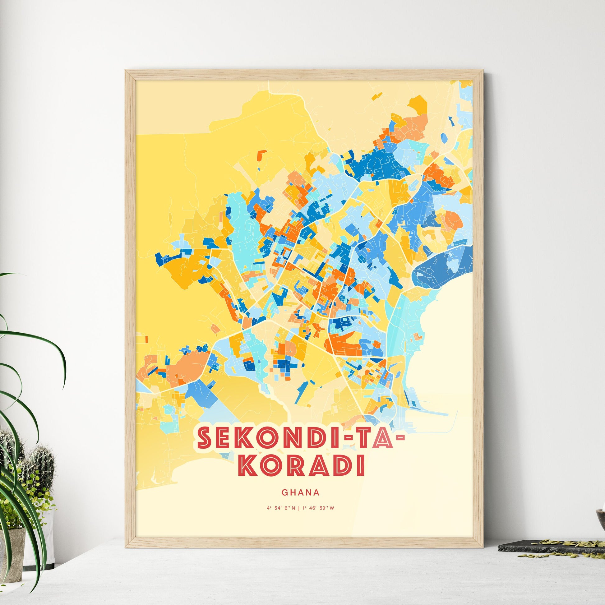 Colorful SEKONDI-TAKORADI GHANA Fine Art Map Blue Orange