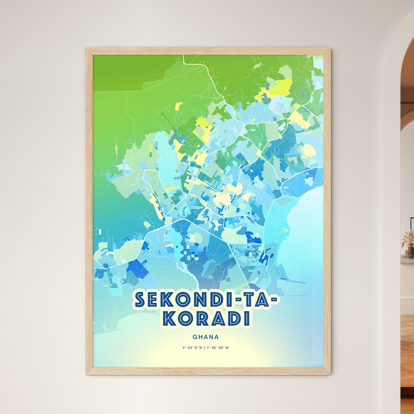 Colorful SEKONDI-TAKORADI GHANA Fine Art Map Cool Blue