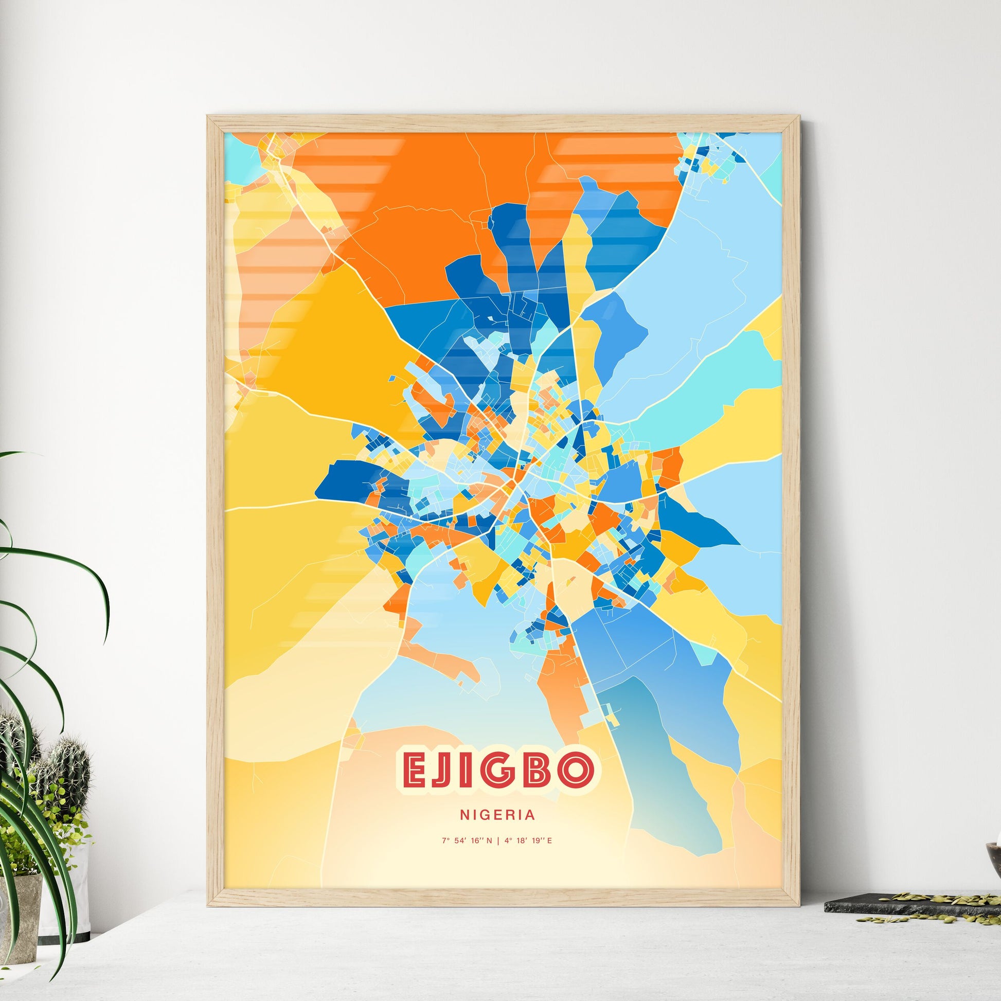 Colorful EJIGBO NIGERIA Fine Art Map Blue Orange