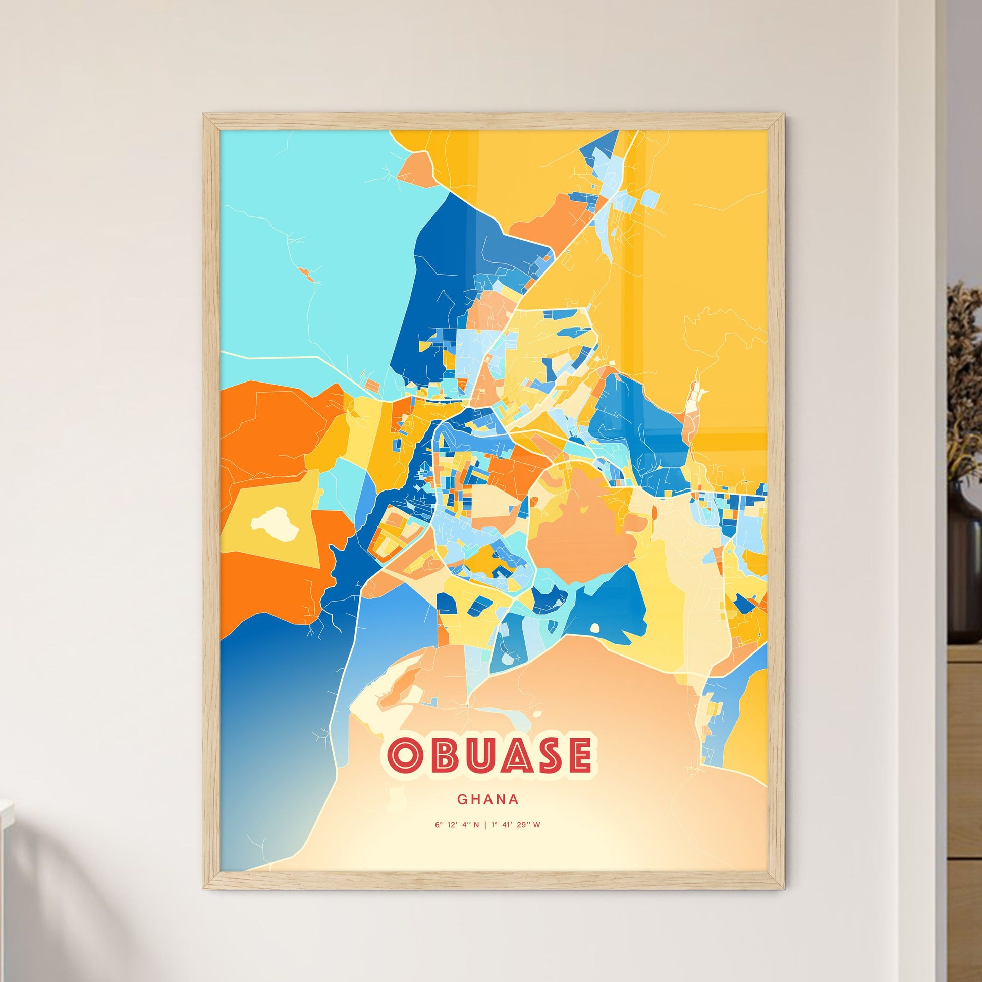 Colorful OBUASE GHANA Fine Art Map Blue Orange