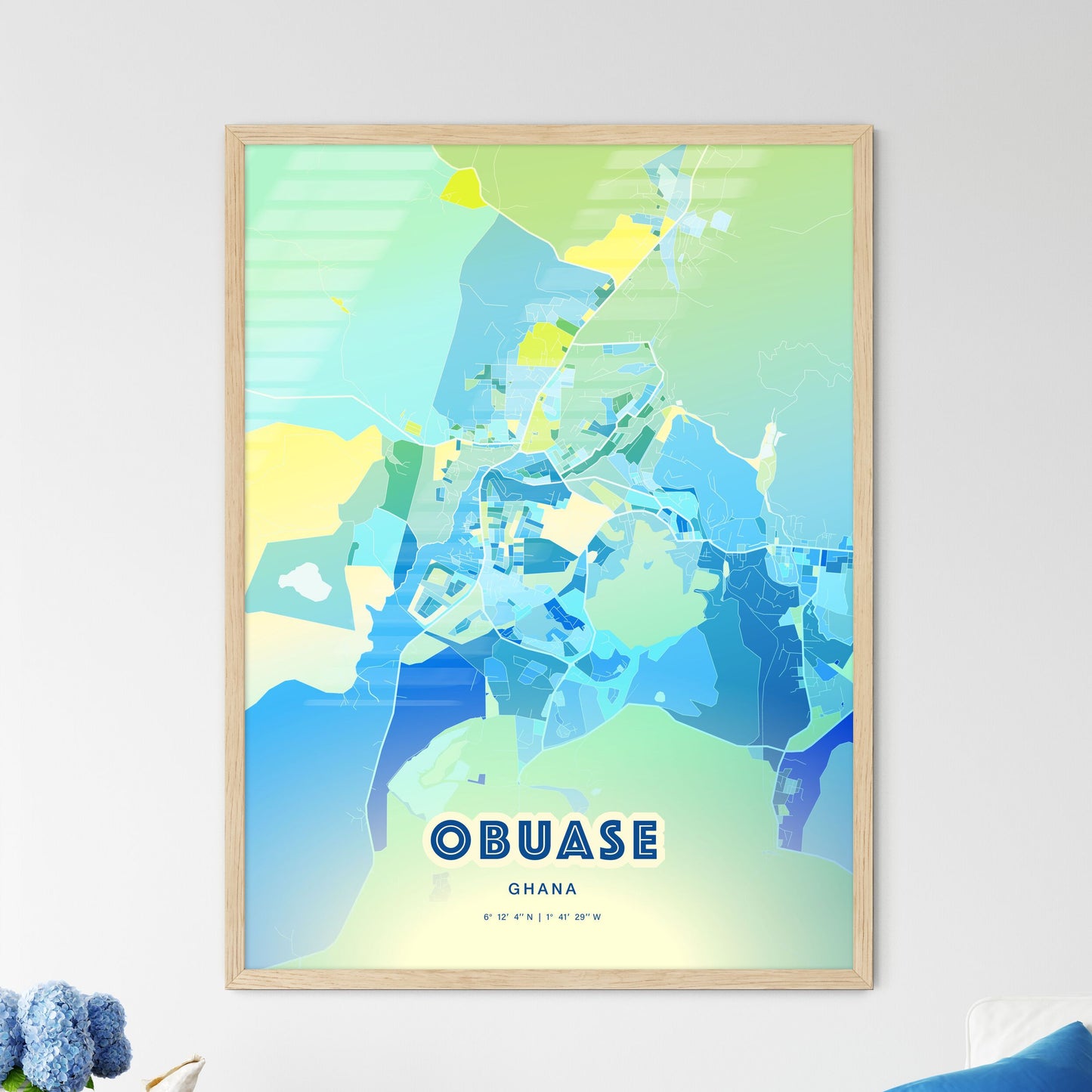 Colorful OBUASE GHANA Fine Art Map Cool Blue