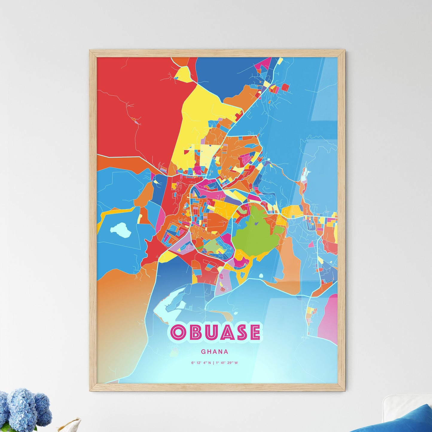 Colorful OBUASE GHANA Fine Art Map Crazy Colors