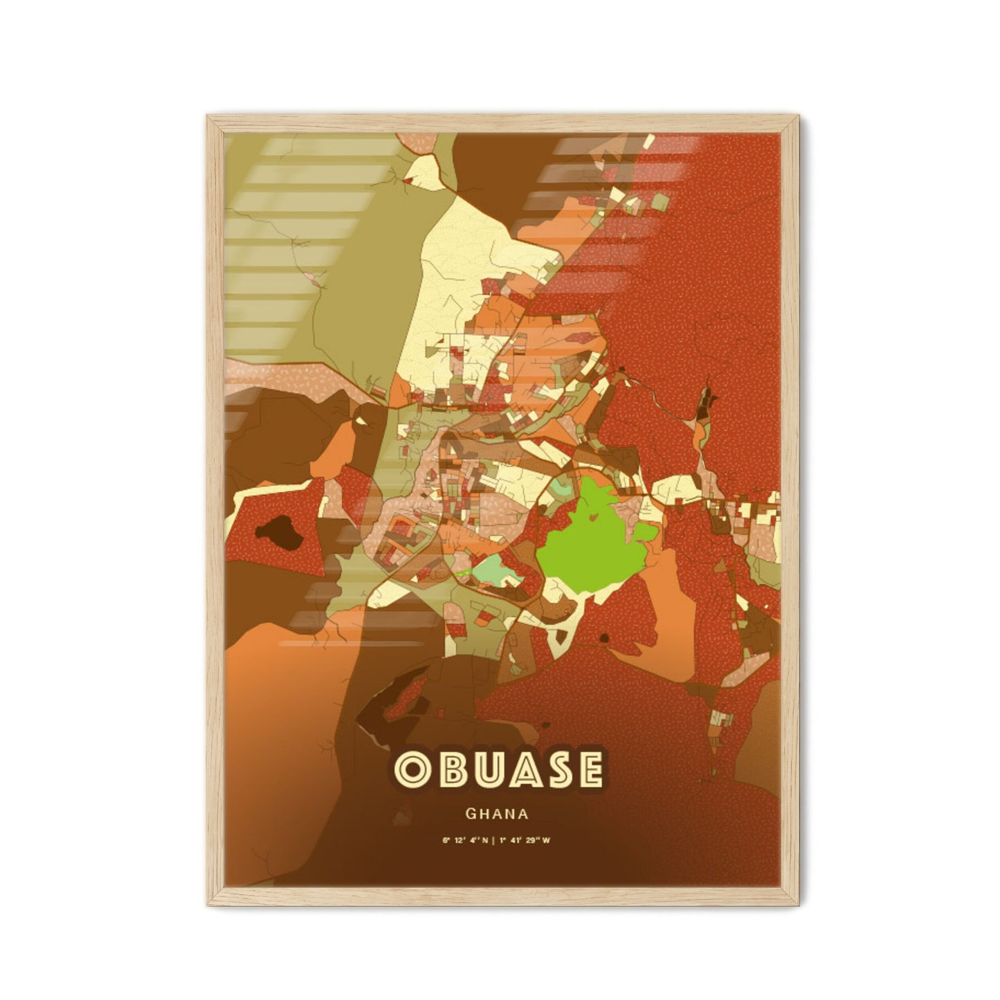 Colorful OBUASE GHANA Fine Art Map Farmhouse