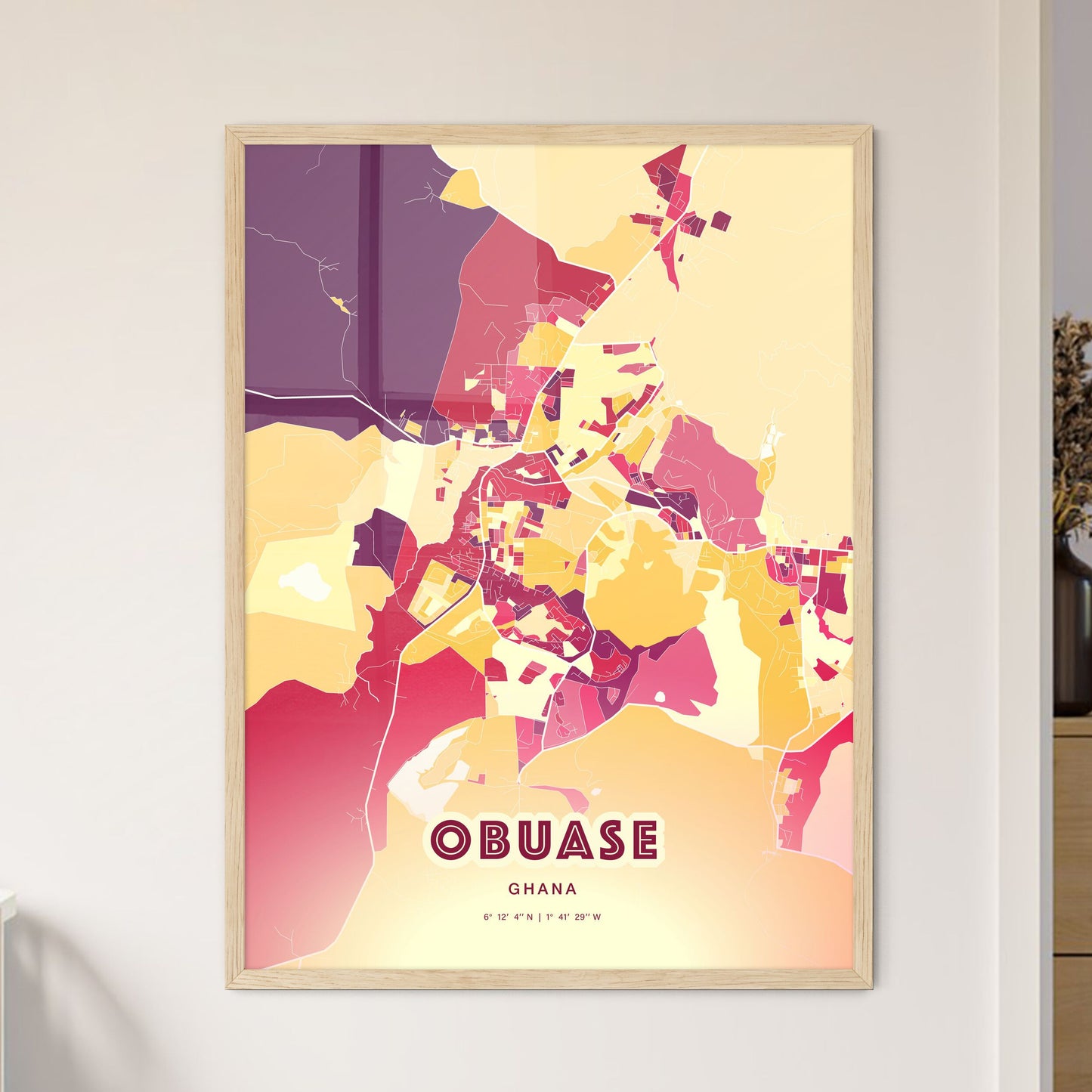 Colorful OBUASE GHANA Fine Art Map Hot Red