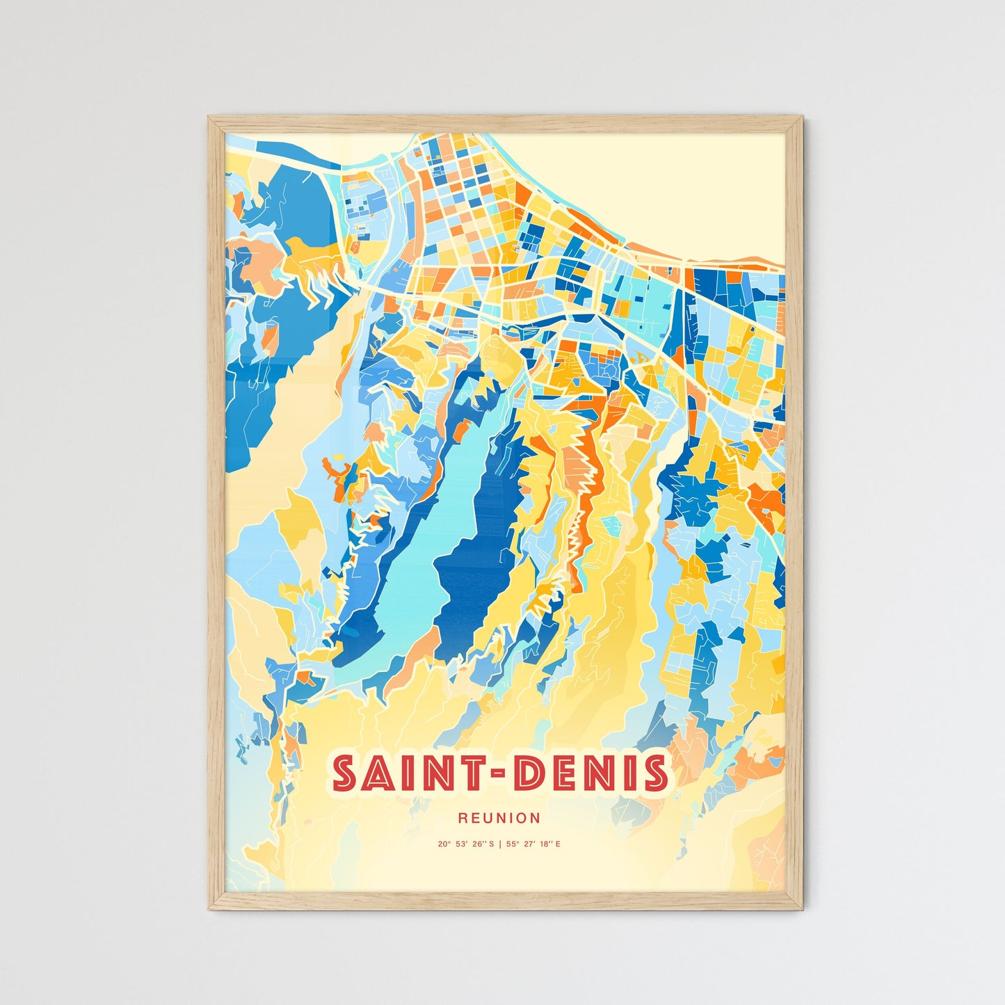 Colorful SAINT-DENIS REUNION Fine Art Map Blue Orange