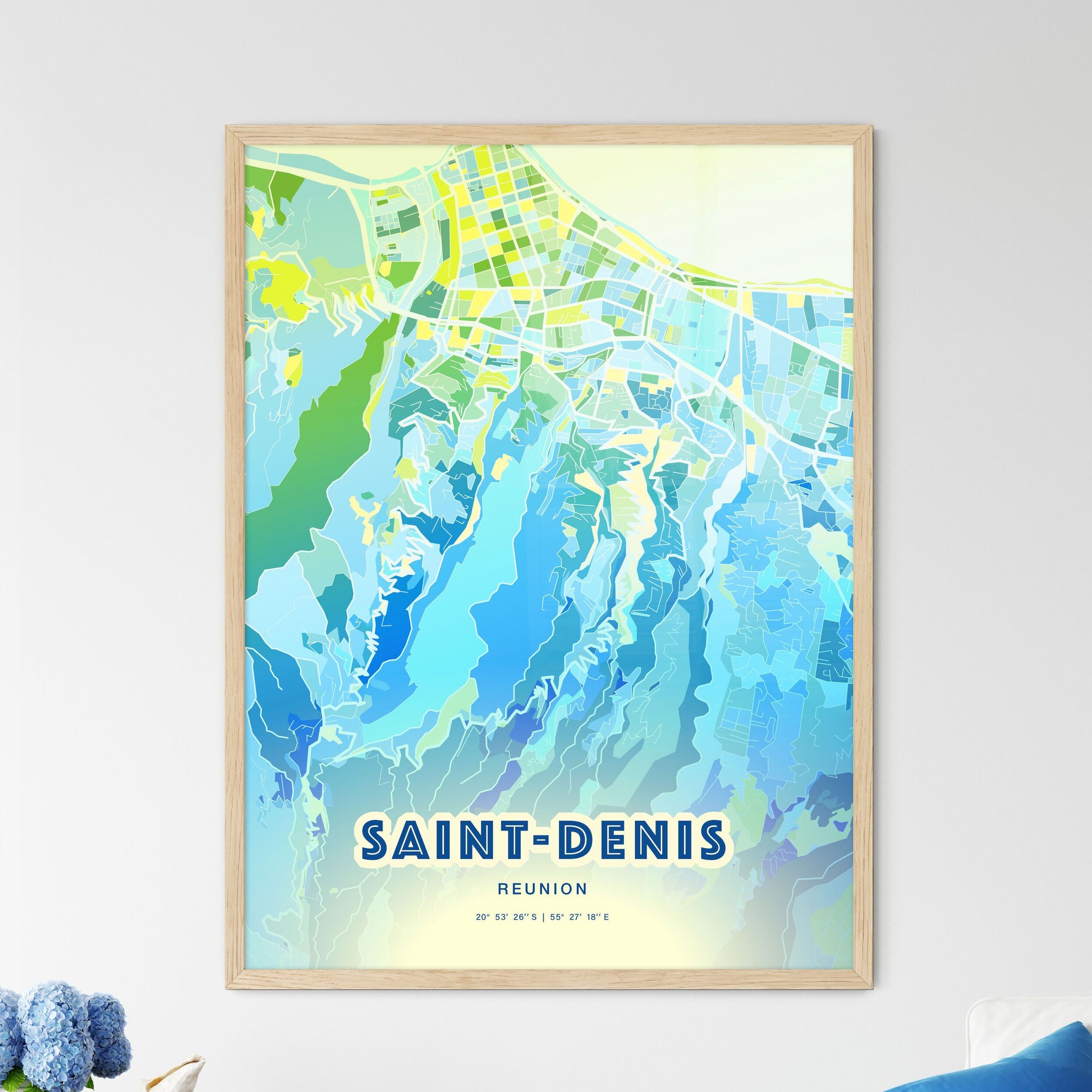 Colorful SAINT-DENIS REUNION Fine Art Map Cool Blue