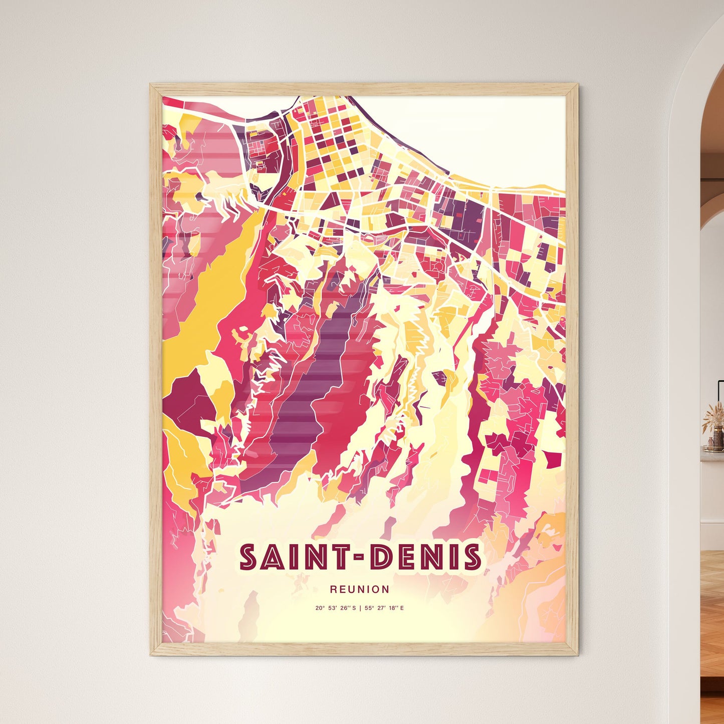 Colorful SAINT-DENIS REUNION Fine Art Map Hot Red