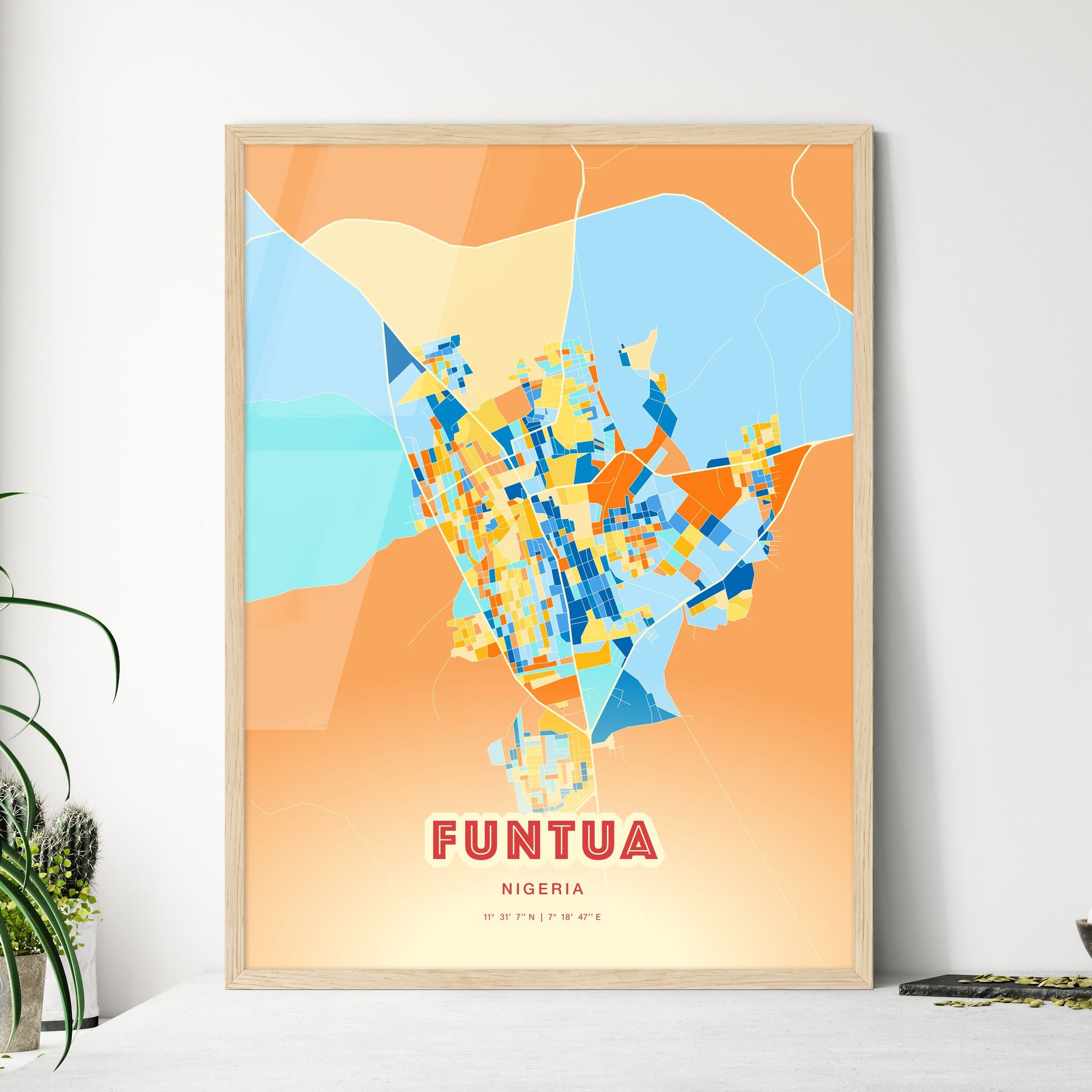 Colorful FUNTUA NIGERIA Fine Art Map Blue Orange