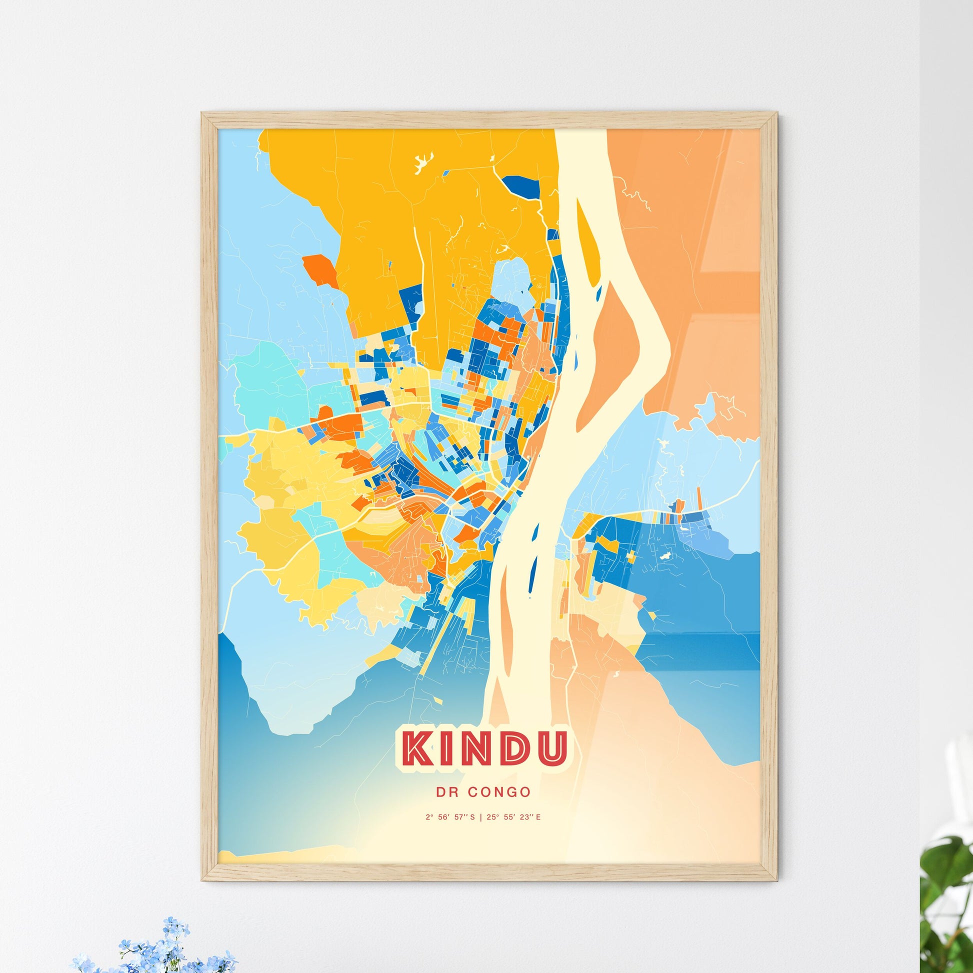 Colorful KINDU DR CONGO Fine Art Map Blue Orange