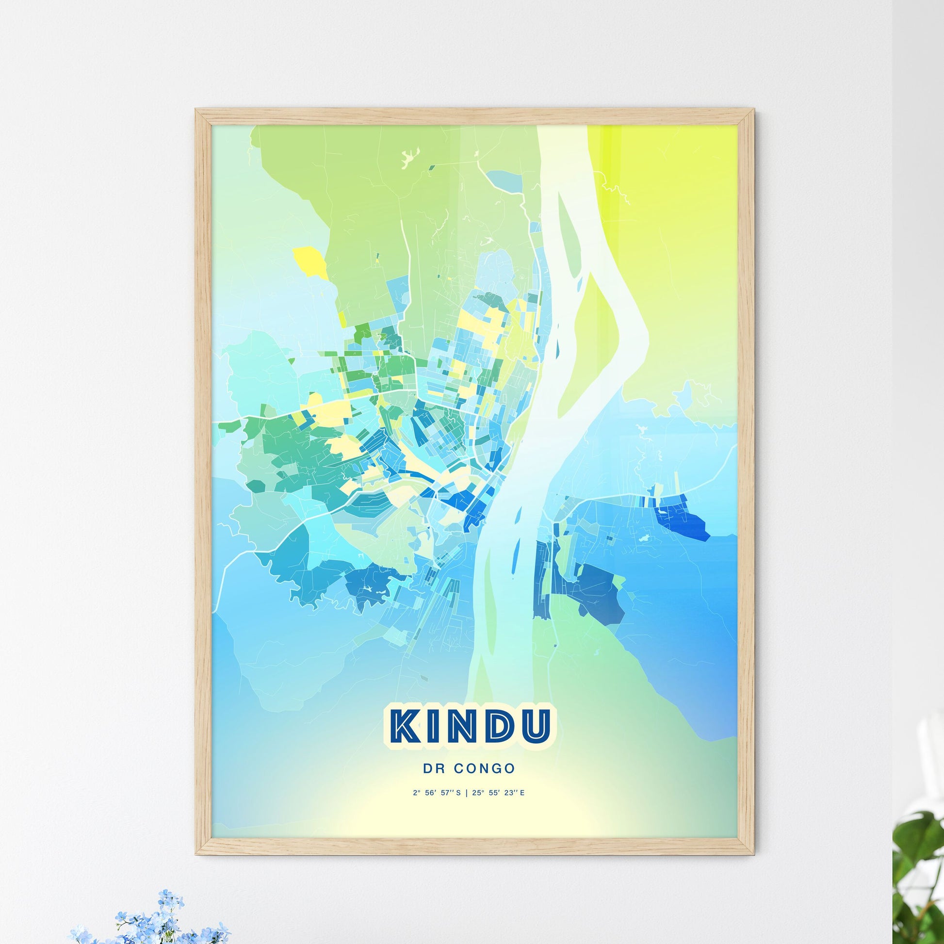 Colorful KINDU DR CONGO Fine Art Map Cool Blue