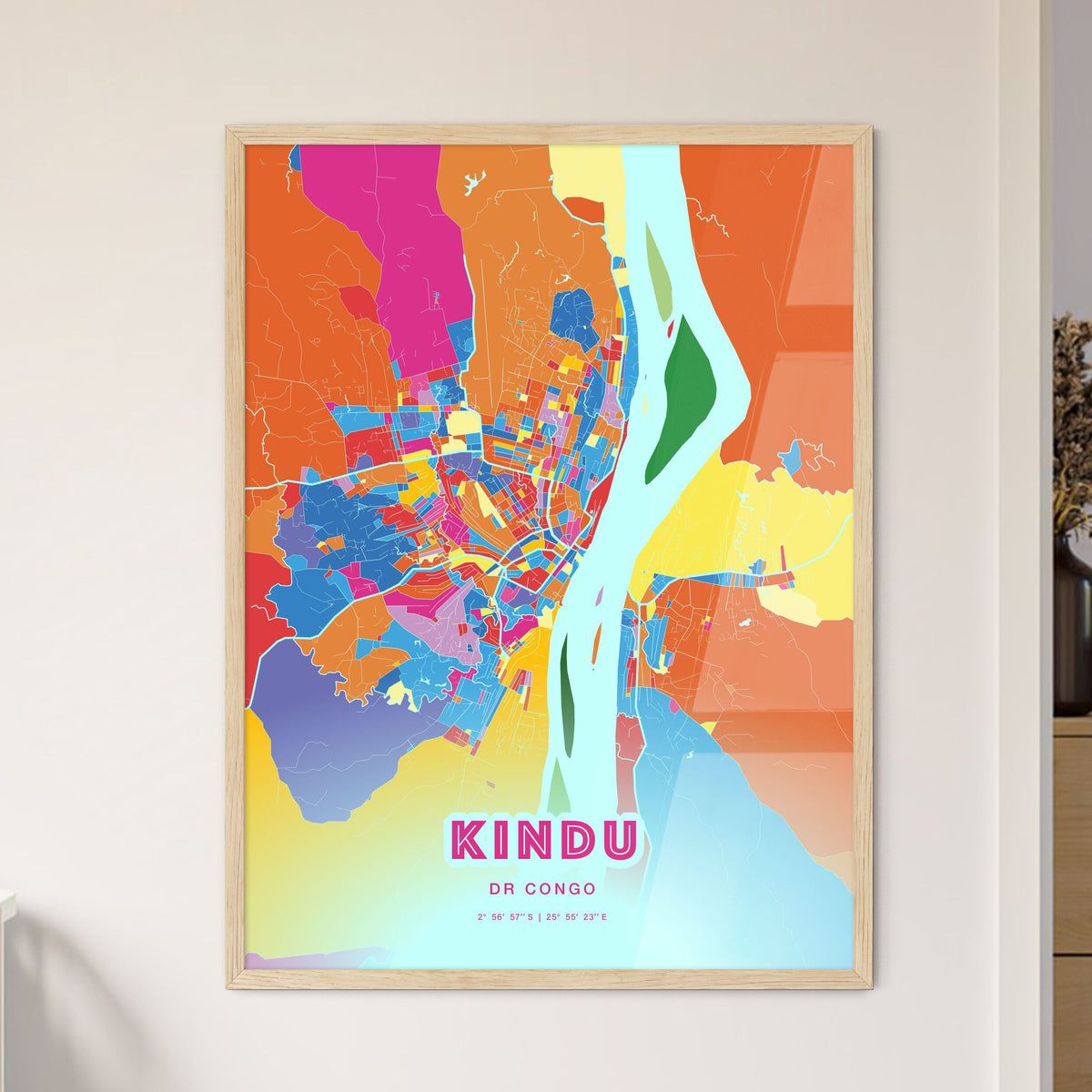 Colorful KINDU DR CONGO Fine Art Map Crazy Colors