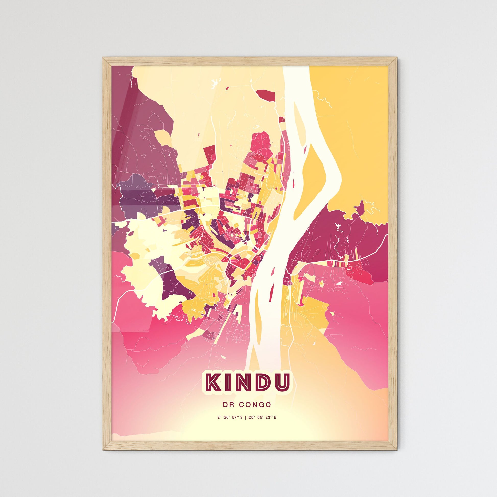 Colorful KINDU DR CONGO Fine Art Map Hot Red