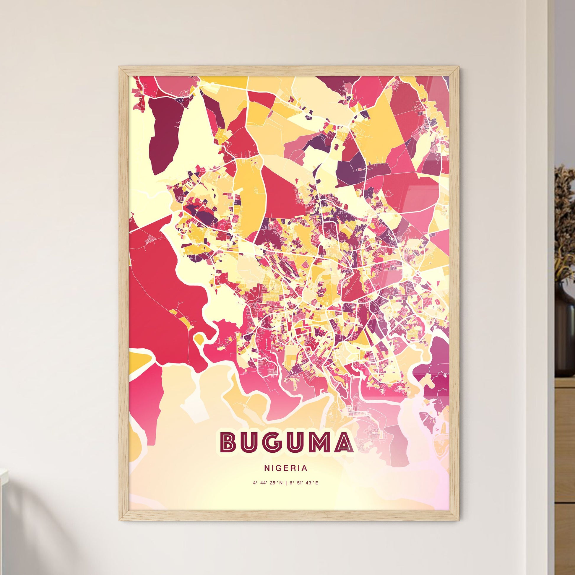 Colorful BUGUMA NIGERIA Fine Art Map Hot Red