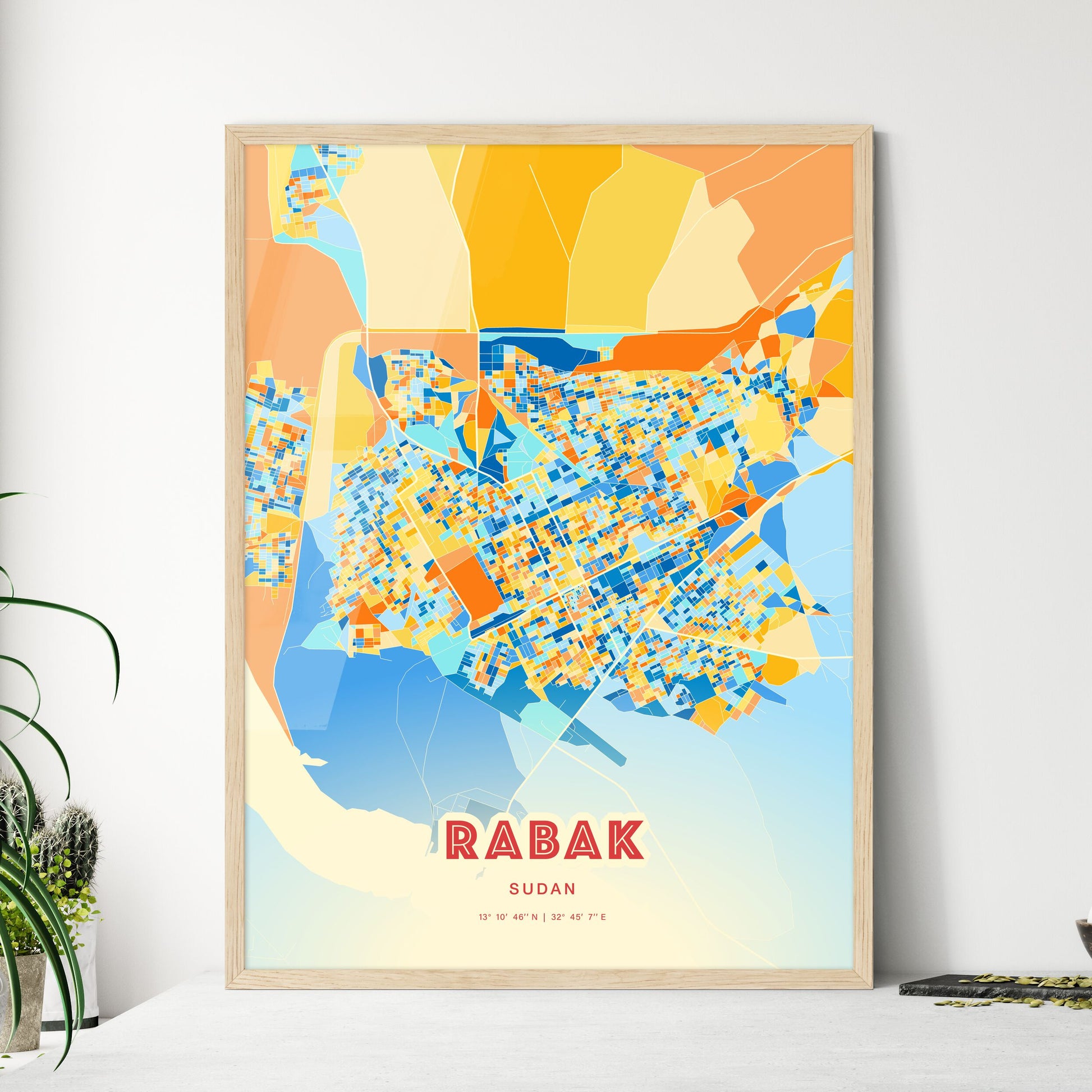 Colorful RABAK SUDAN Fine Art Map Blue Orange