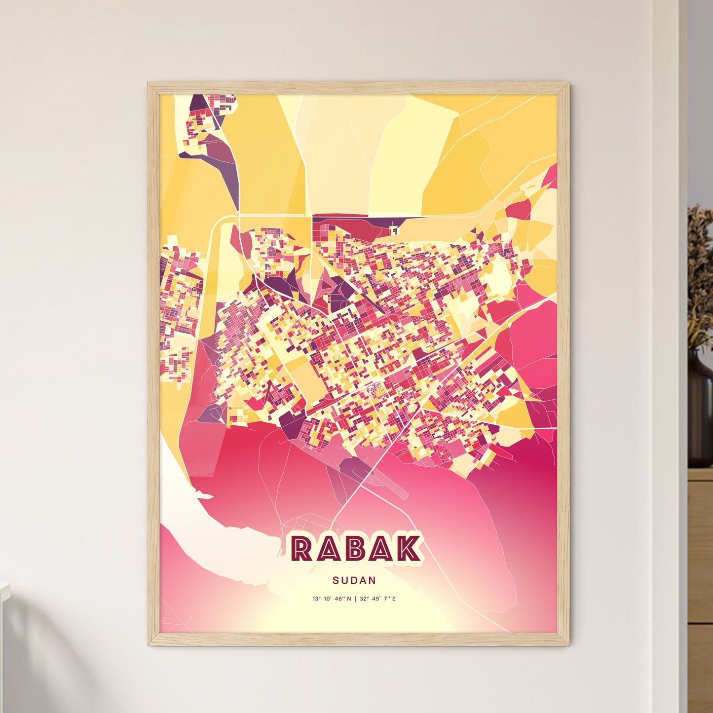 Colorful RABAK SUDAN Fine Art Map Hot Red