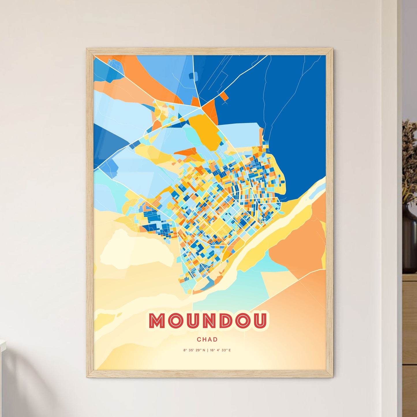 Colorful MOUNDOU CHAD Fine Art Map Blue Orange