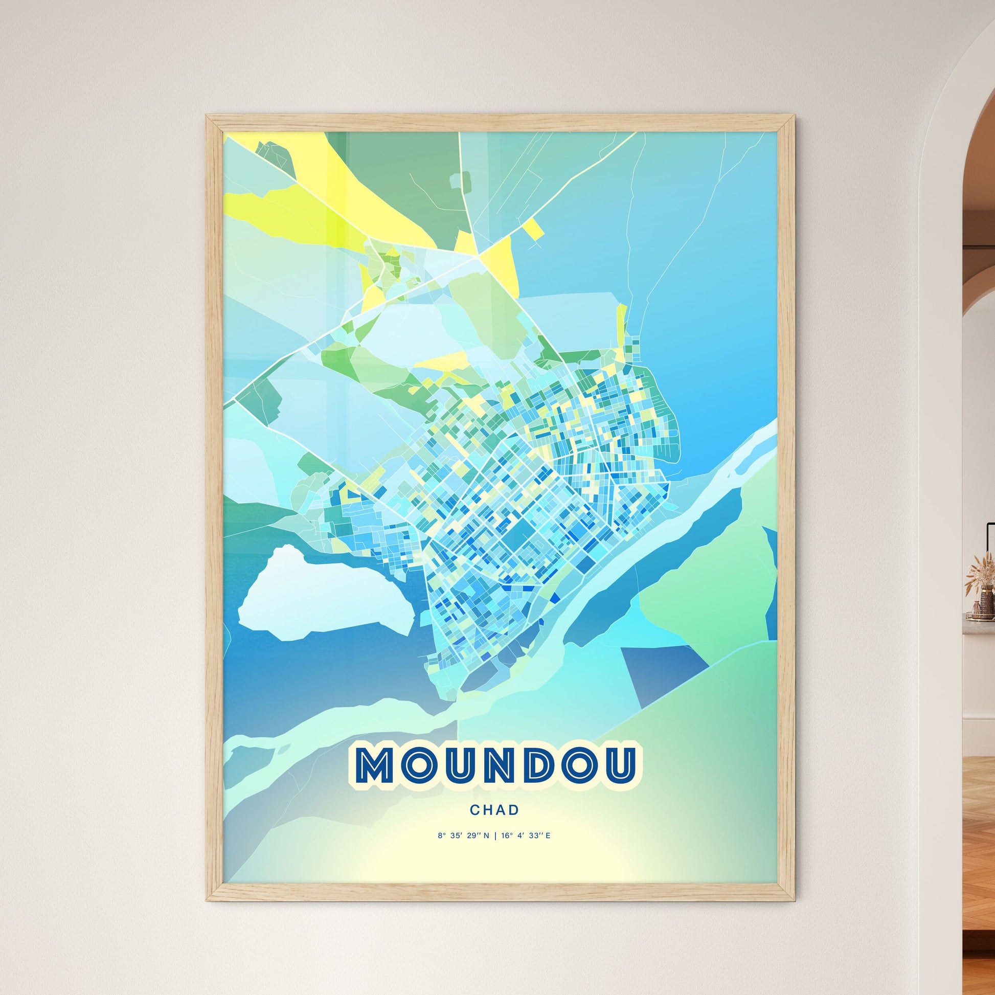 Colorful MOUNDOU CHAD Fine Art Map Cool Blue