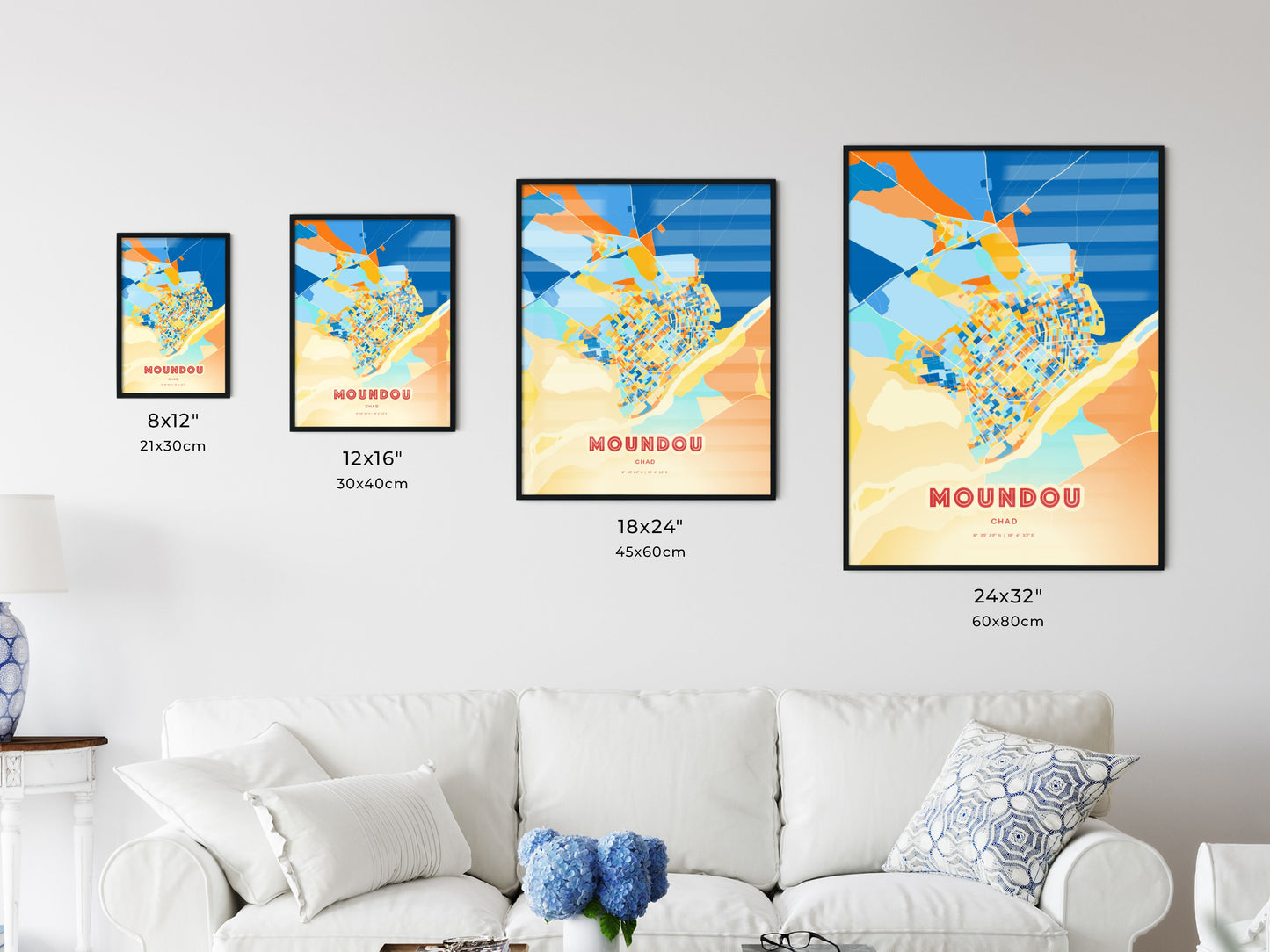 Colorful MOUNDOU CHAD Fine Art Map Blue Orange