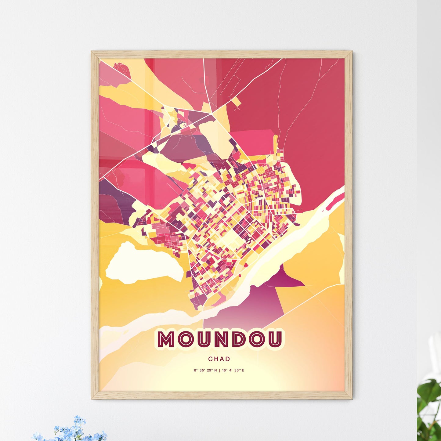 Colorful MOUNDOU CHAD Fine Art Map Hot Red