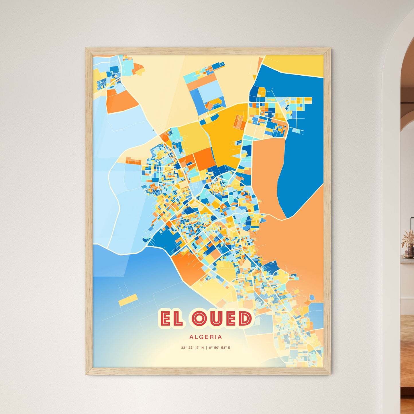 Colorful EL OUED ALGERIA Fine Art Map Blue Orange