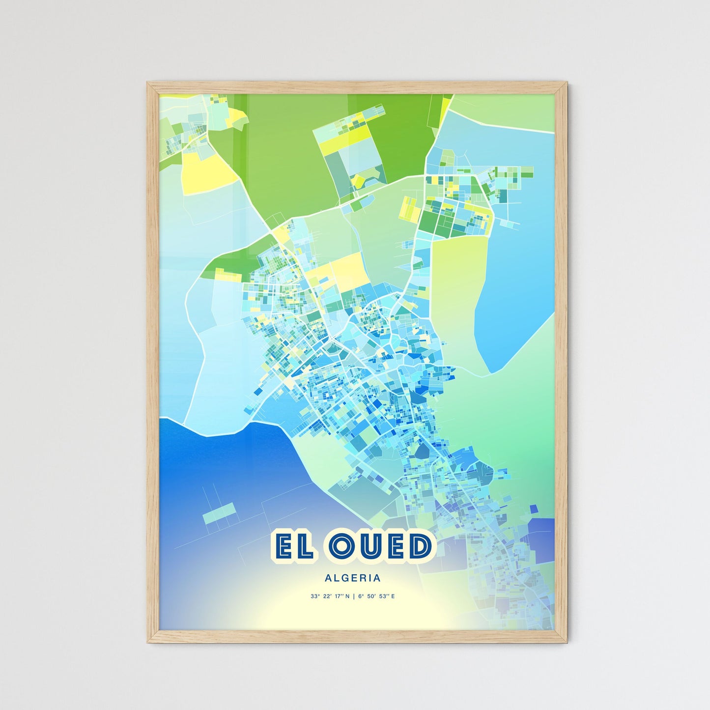 Colorful EL OUED ALGERIA Fine Art Map Cool Blue